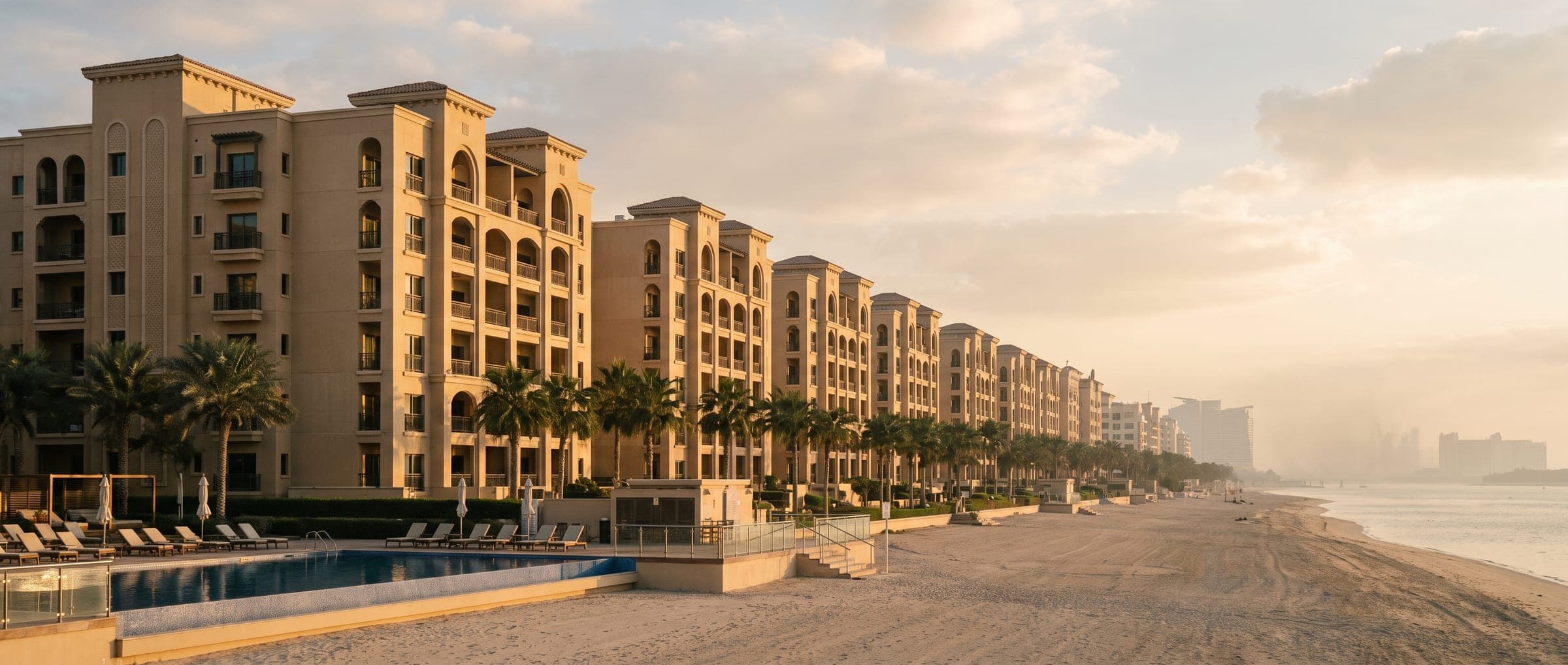 Shoreline apartment buildings on the Palm Jumeirah trunk seen from the beach at golden hour
