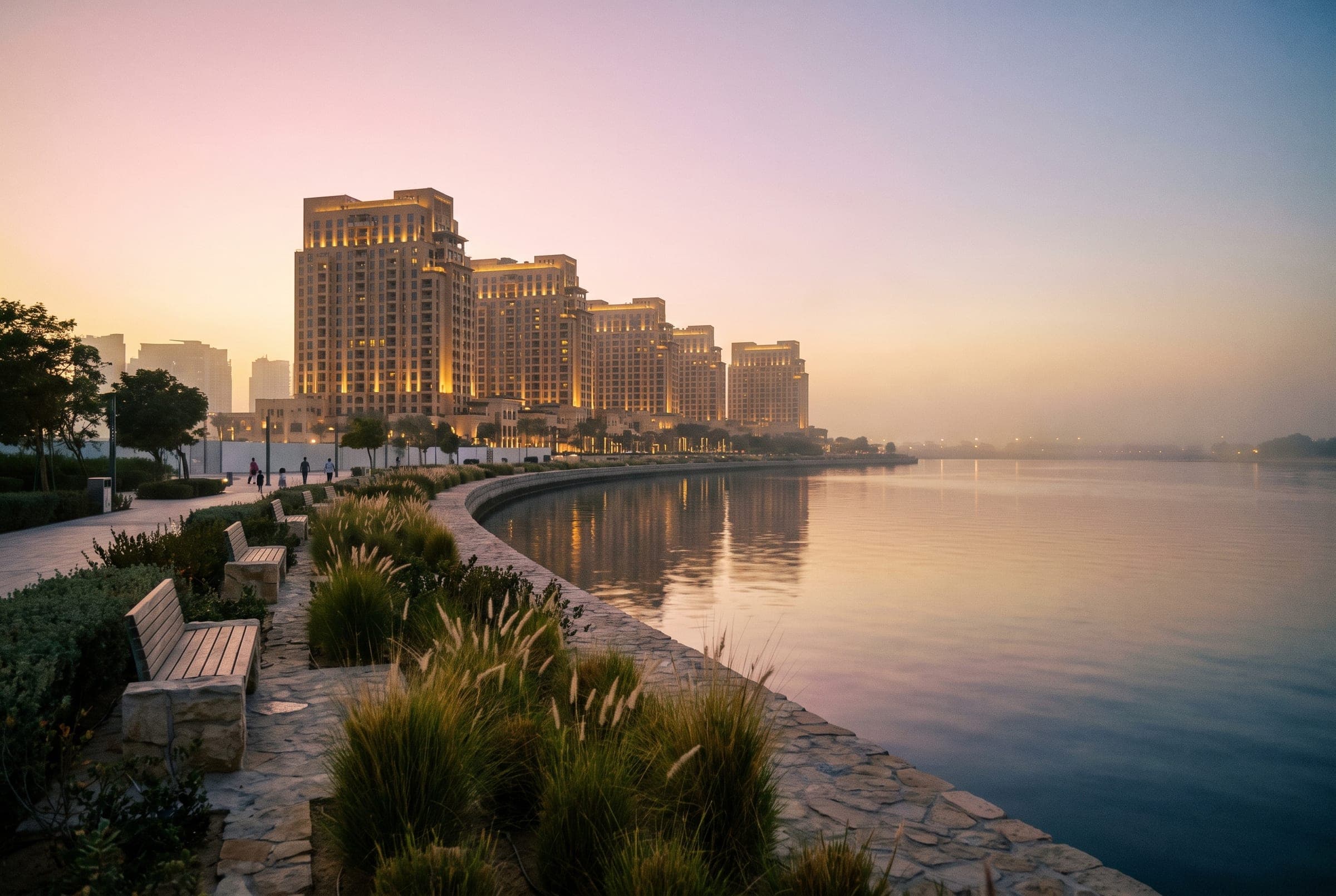 Dubai Creek Harbour promenade and towers at dusk with water and planting in the foreground