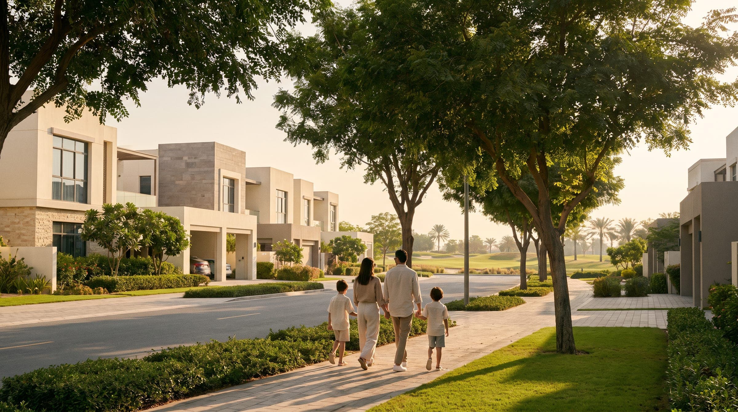 Villa street in Dubai Hills Estate at soft morning light, golf-course green beyond