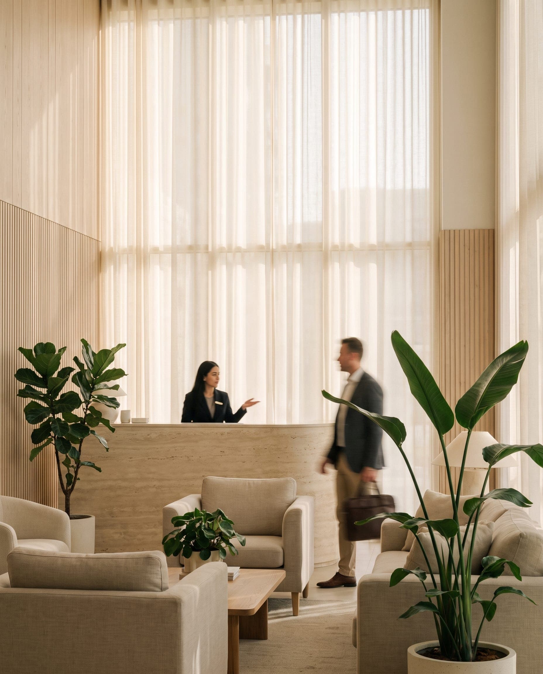 Calm daylit clinic reception in Dubai with pale timber and stone
