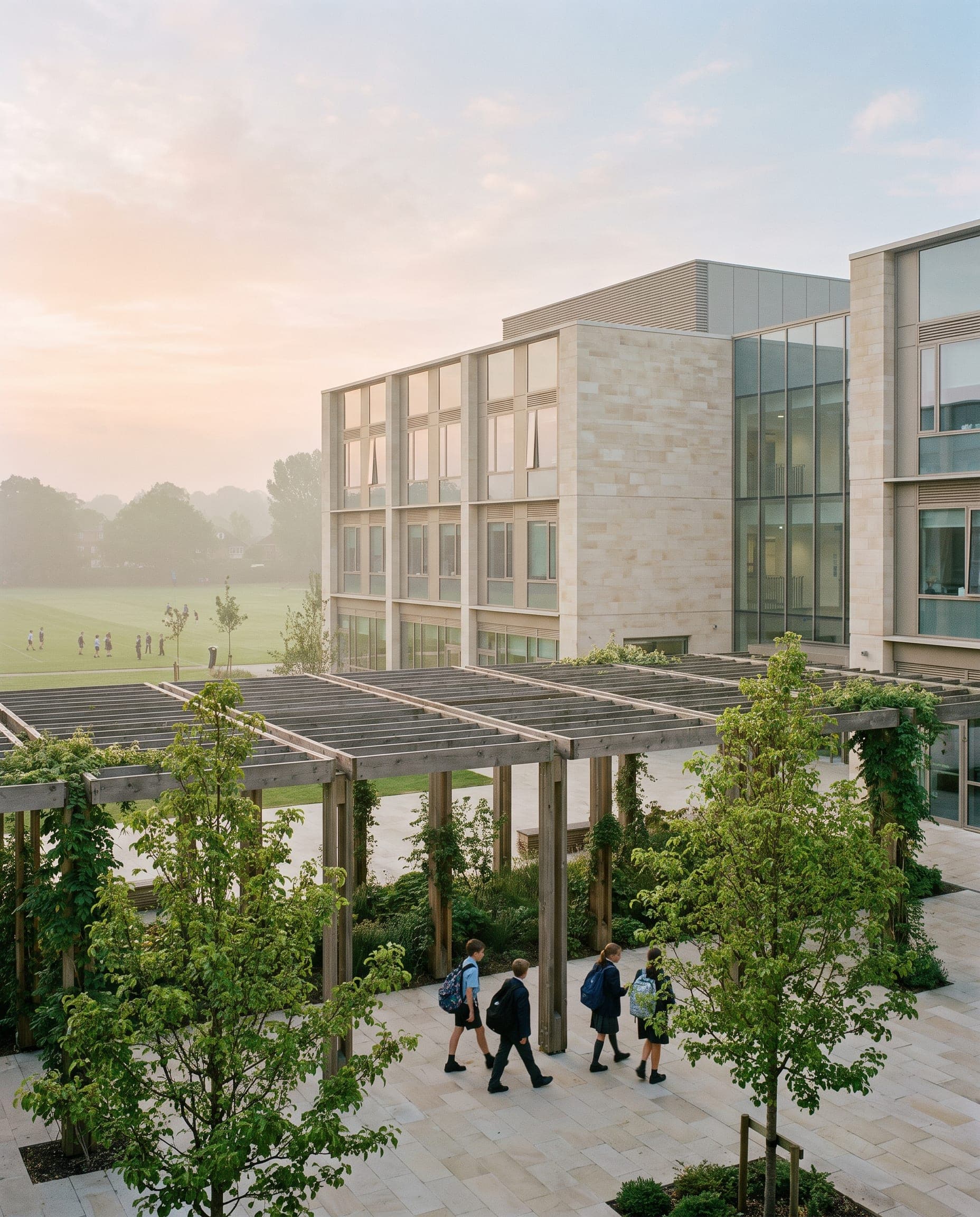 Modern Dubai school campus in morning light with a shaded courtyard and playing field
