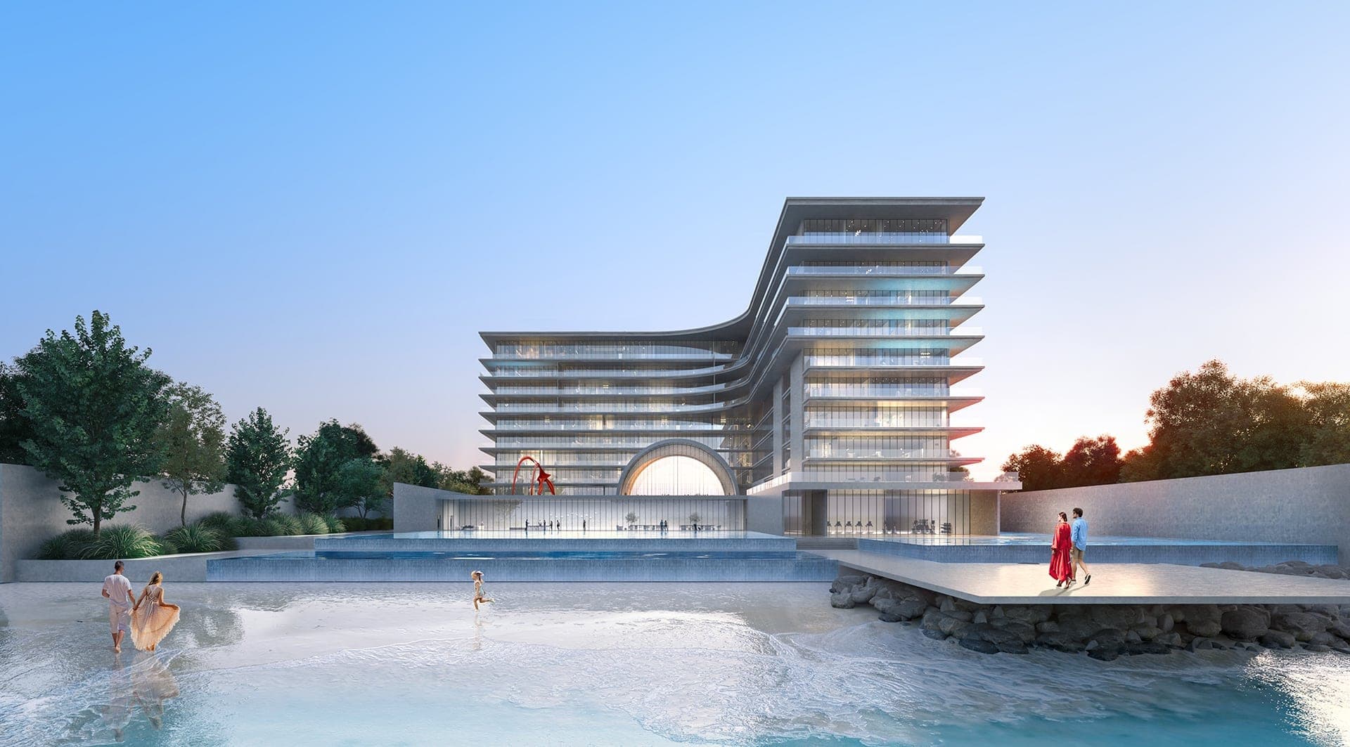 Render of Armani Beach Residences at Palm Jumeirah from the beach, the stepped building and its arched entrance behind a shallow water terrace