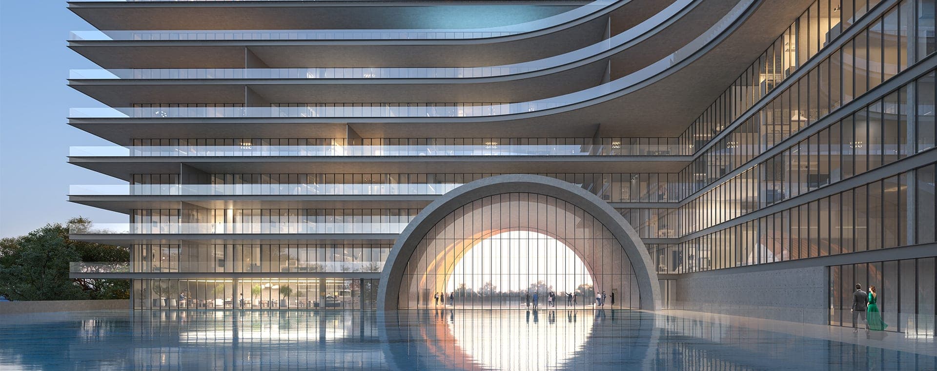 Render of Armani Beach Residences at Palm Jumeirah, showing the arched entrance and cantilevered terraces above the water terrace