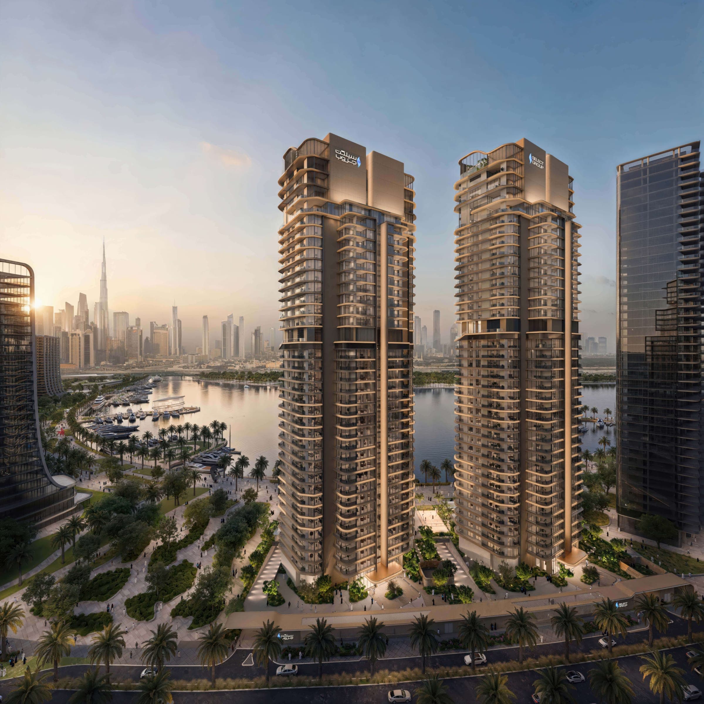 Render of the two Artistry towers by Select Group on the canal in Dubai Design District