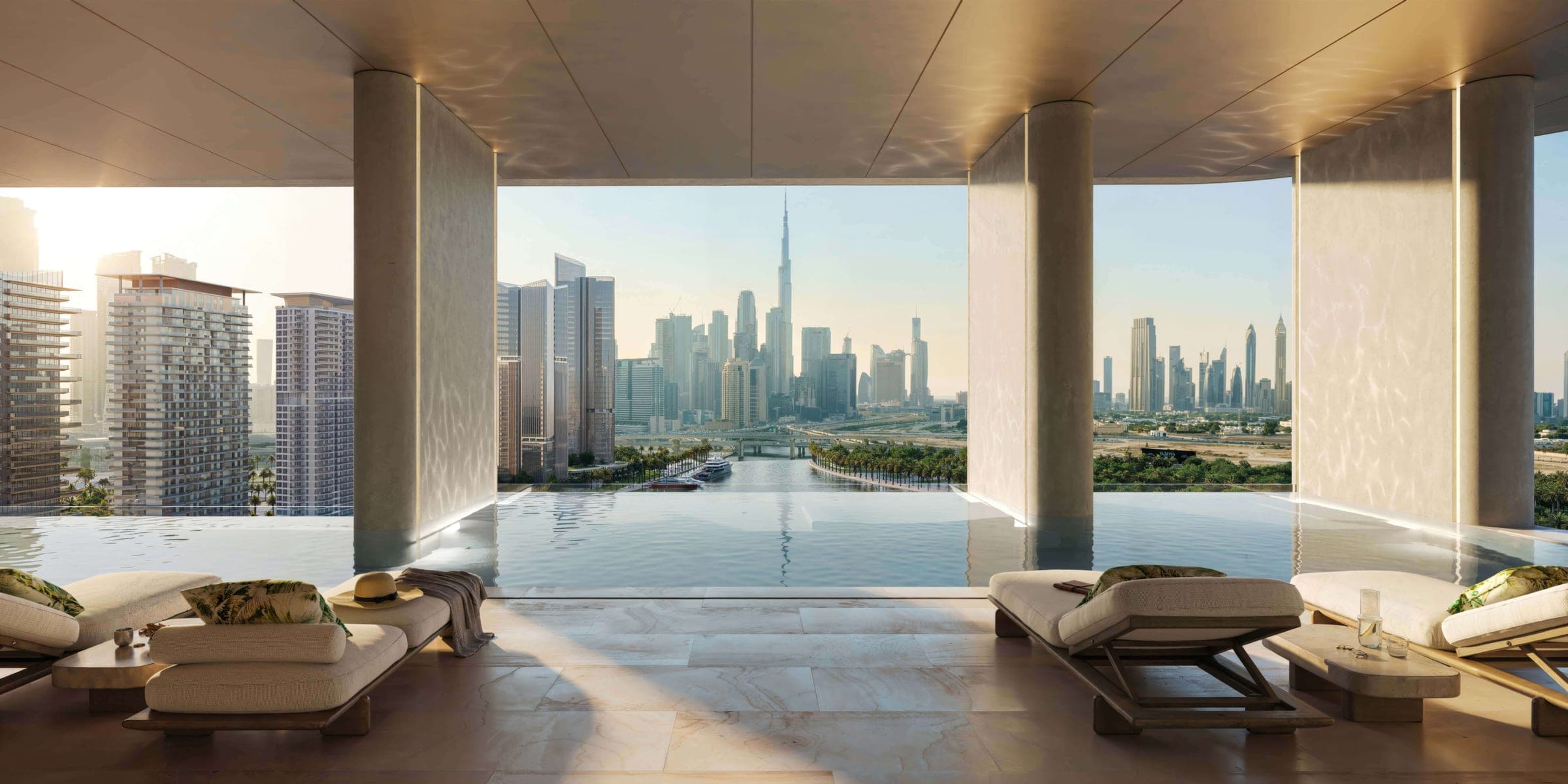Render of the main pool at the Artistry development in Dubai Design District, looking towards the Burj Khalifa
