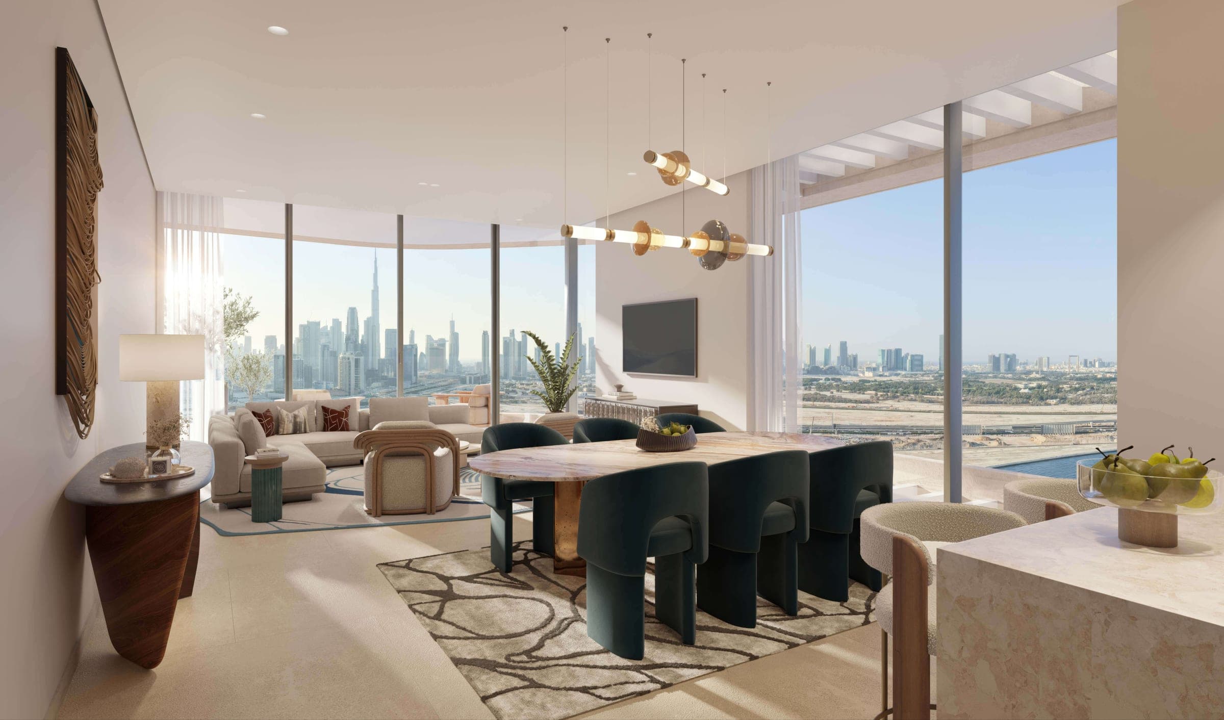 Render of a furnished living room in a one- or two-bedroom apartment at the Artistry development in Dubai Design District