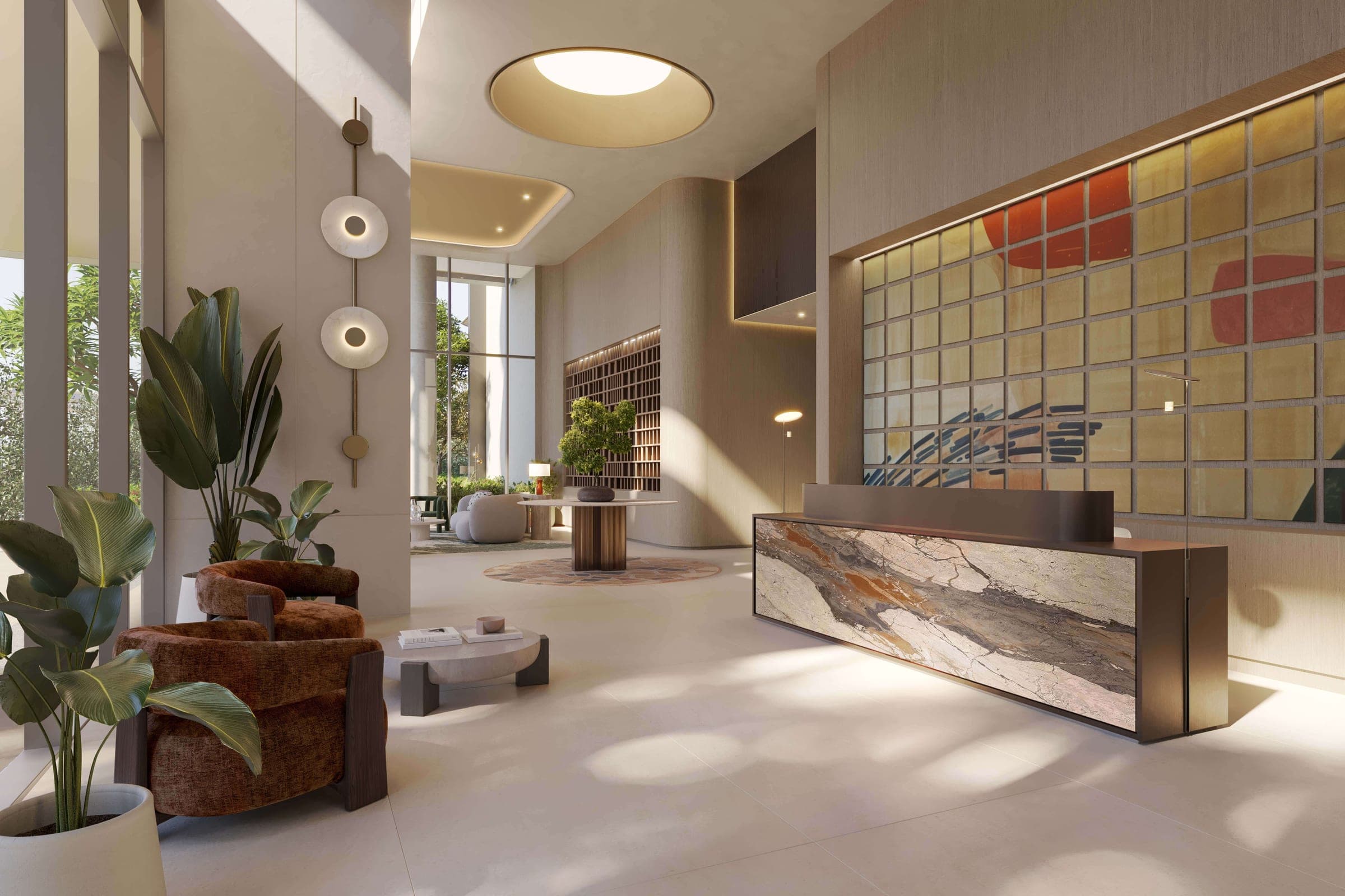 Render of the arrival lobby at the Artistry development by Select Group in Dubai Design District