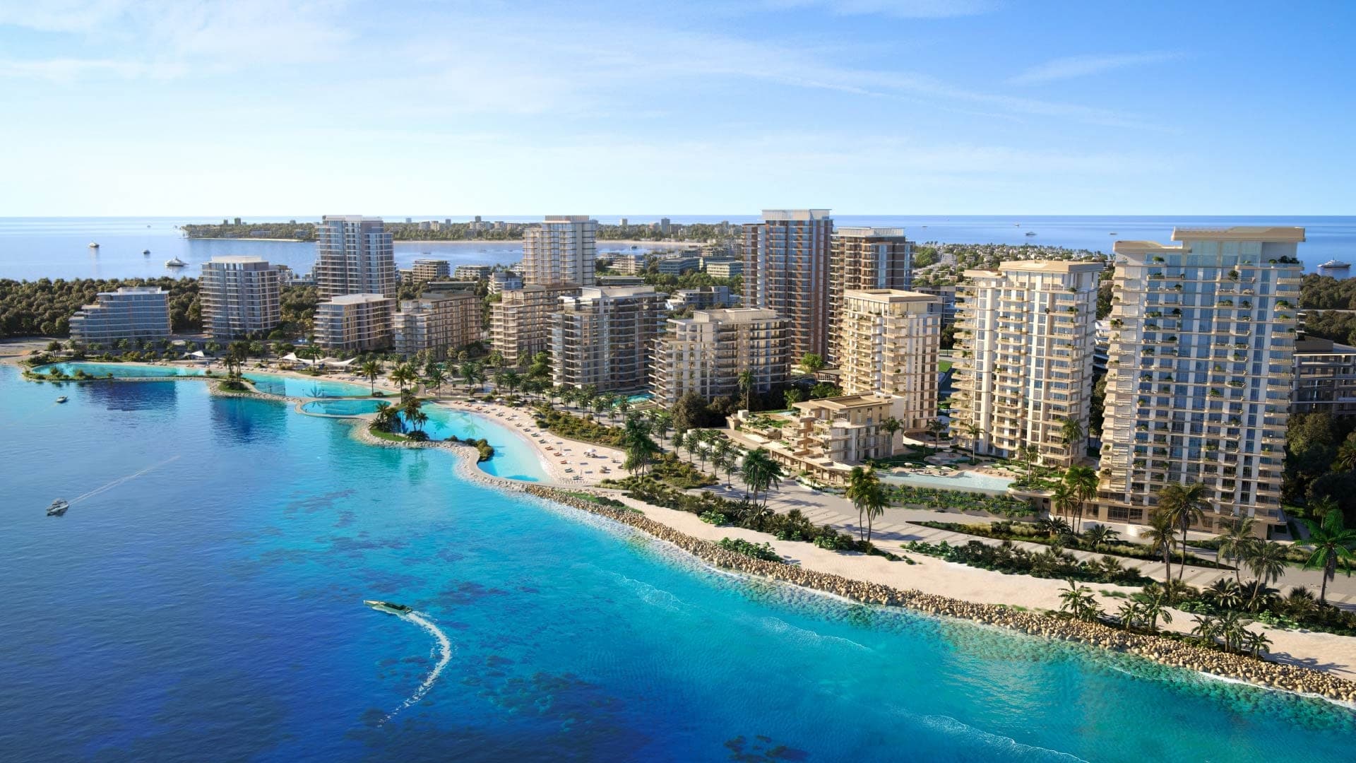 Render of the Bay Grove Residences buildings on the Dubai Islands shoreline, seen from the air over the sea and beach lagoons
