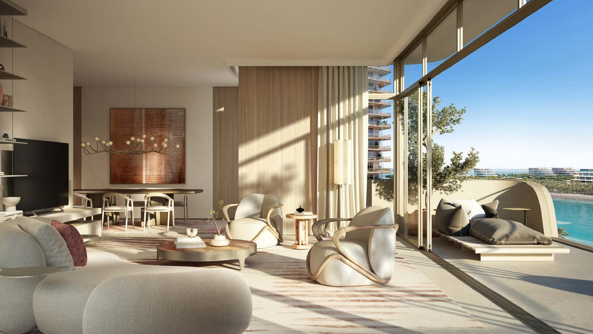 Render of a living room at Bay Grove Residences opening onto a terrace with sea views