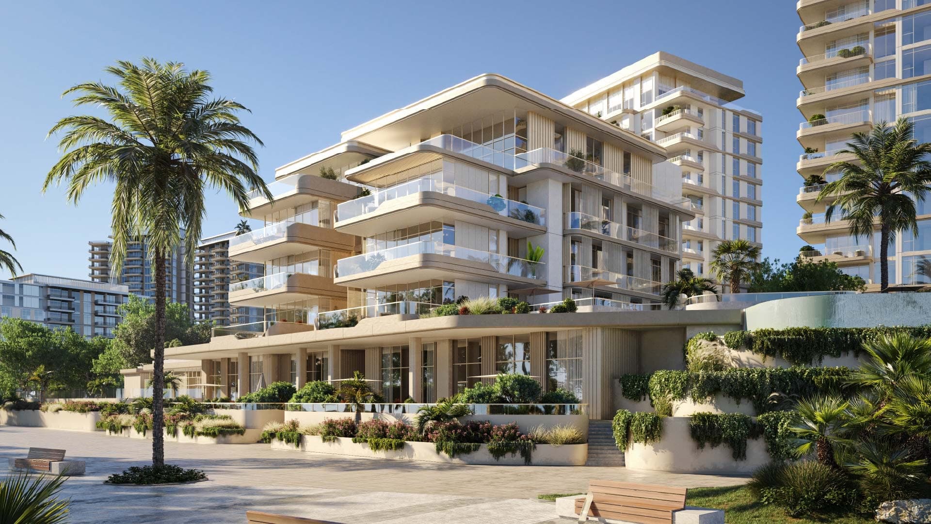 Render of a terraced mid-rise building at Bay Grove Residences, with planted balconies above a beachfront promenade