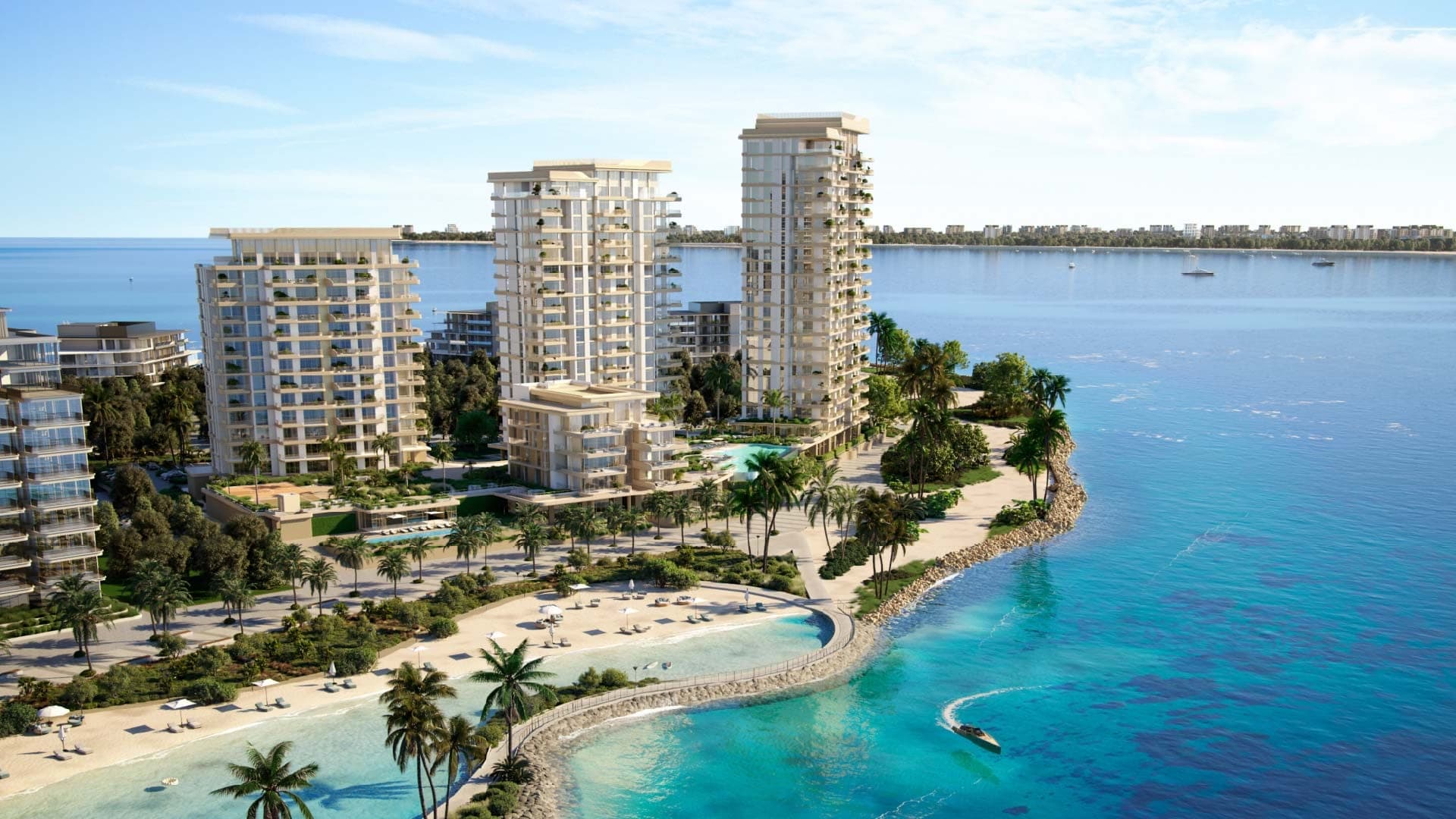 Render of Bay Grove Residences towers on a palm-lined headland at Dubai Islands, with a beach and breakwater in front