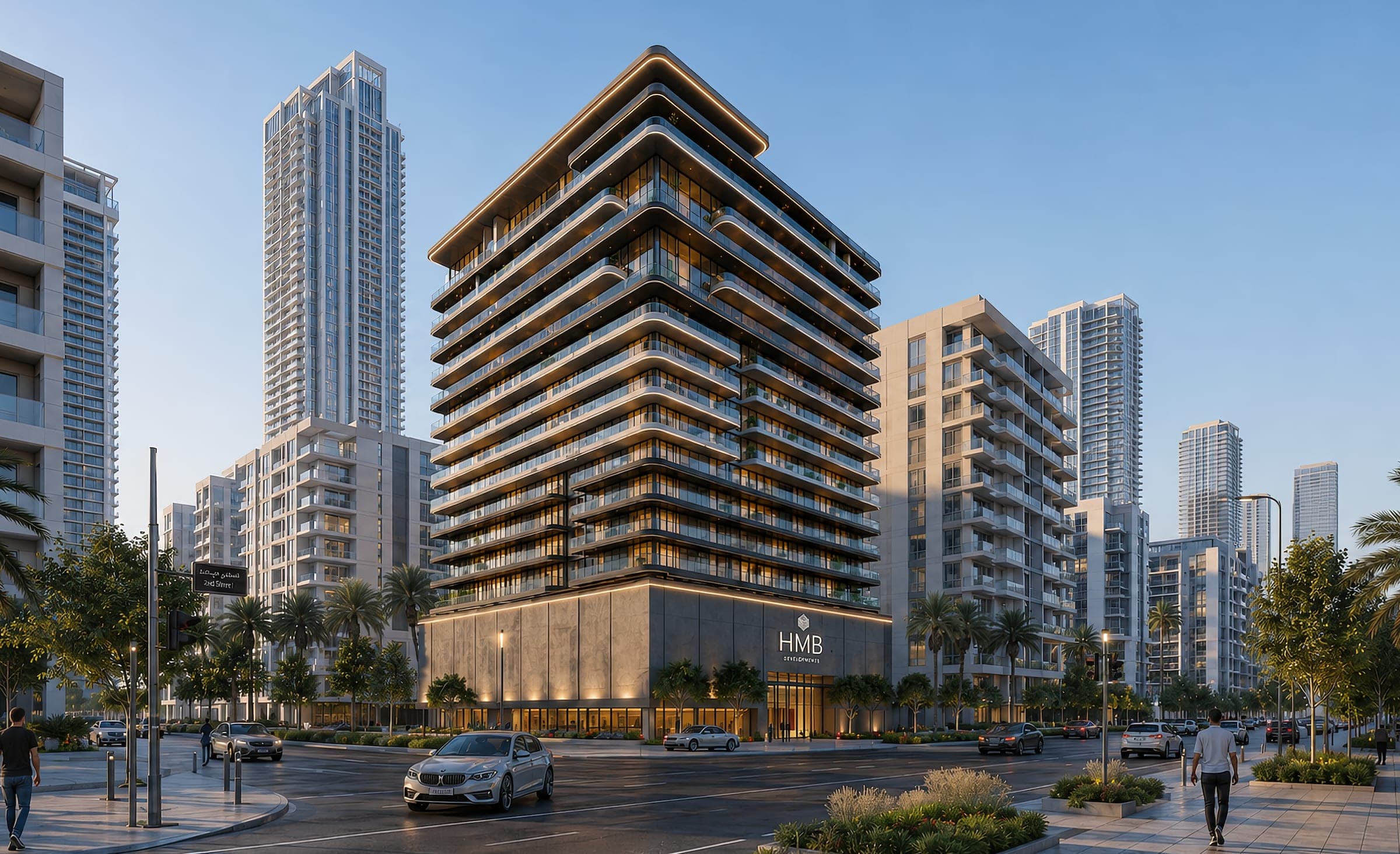 Render of Beverly Crown in Jumeirah Village Circle from the street, a tower of curved balcony bands above a stone podium, with pedestrians at mid-distance
