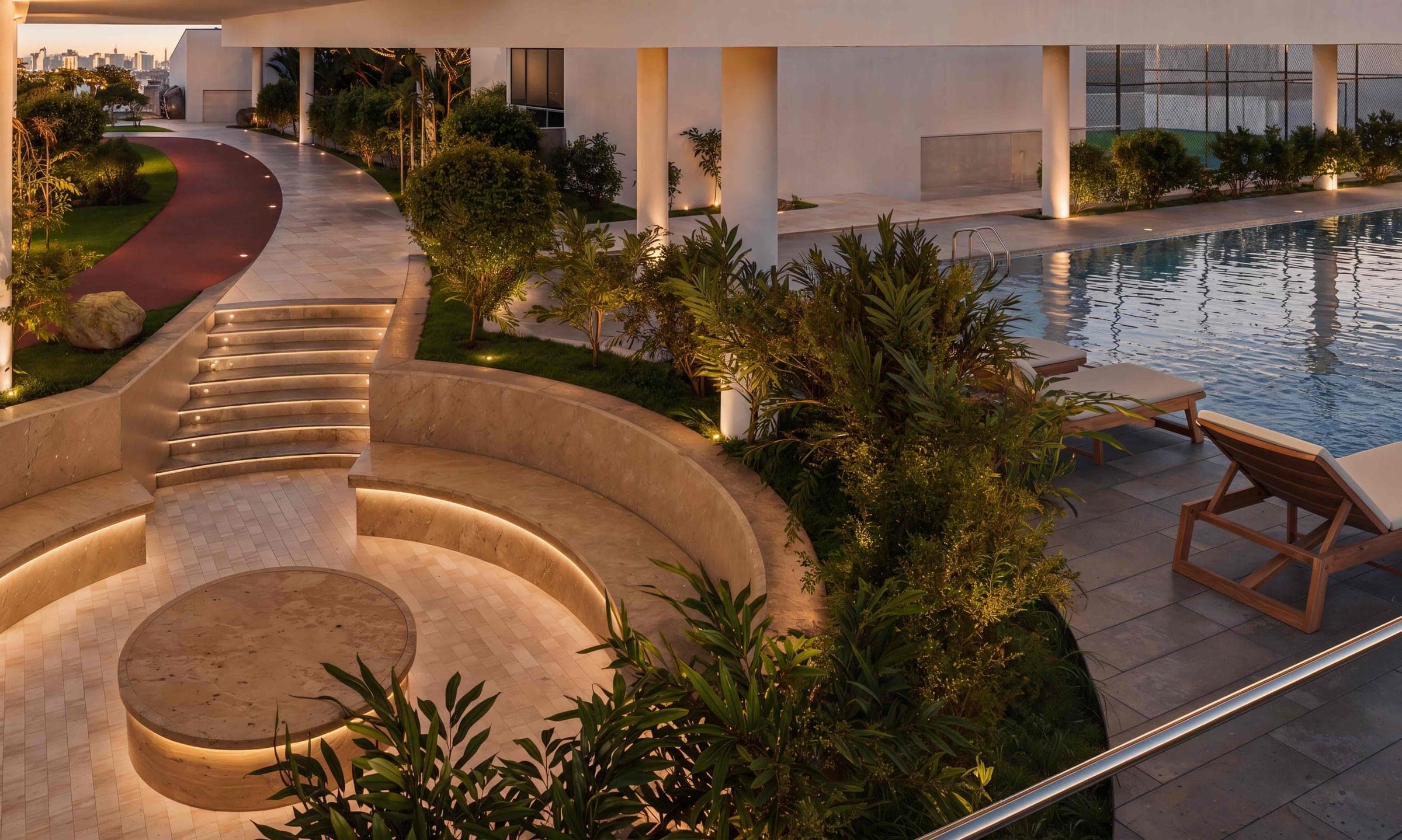 Render of the garden sitting area at Beverly Crown in Jumeirah Village Circle, a sunken circular seat among planting beside the pool and a red jogging track