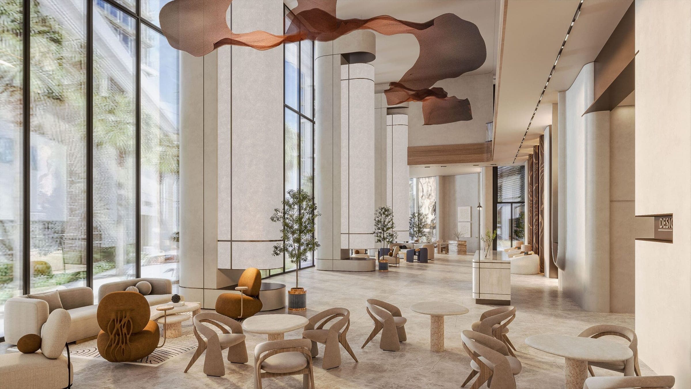 Render of the double-height residents' lobby at Beverly Grande, with a sculptural ceiling feature and lounge seating
