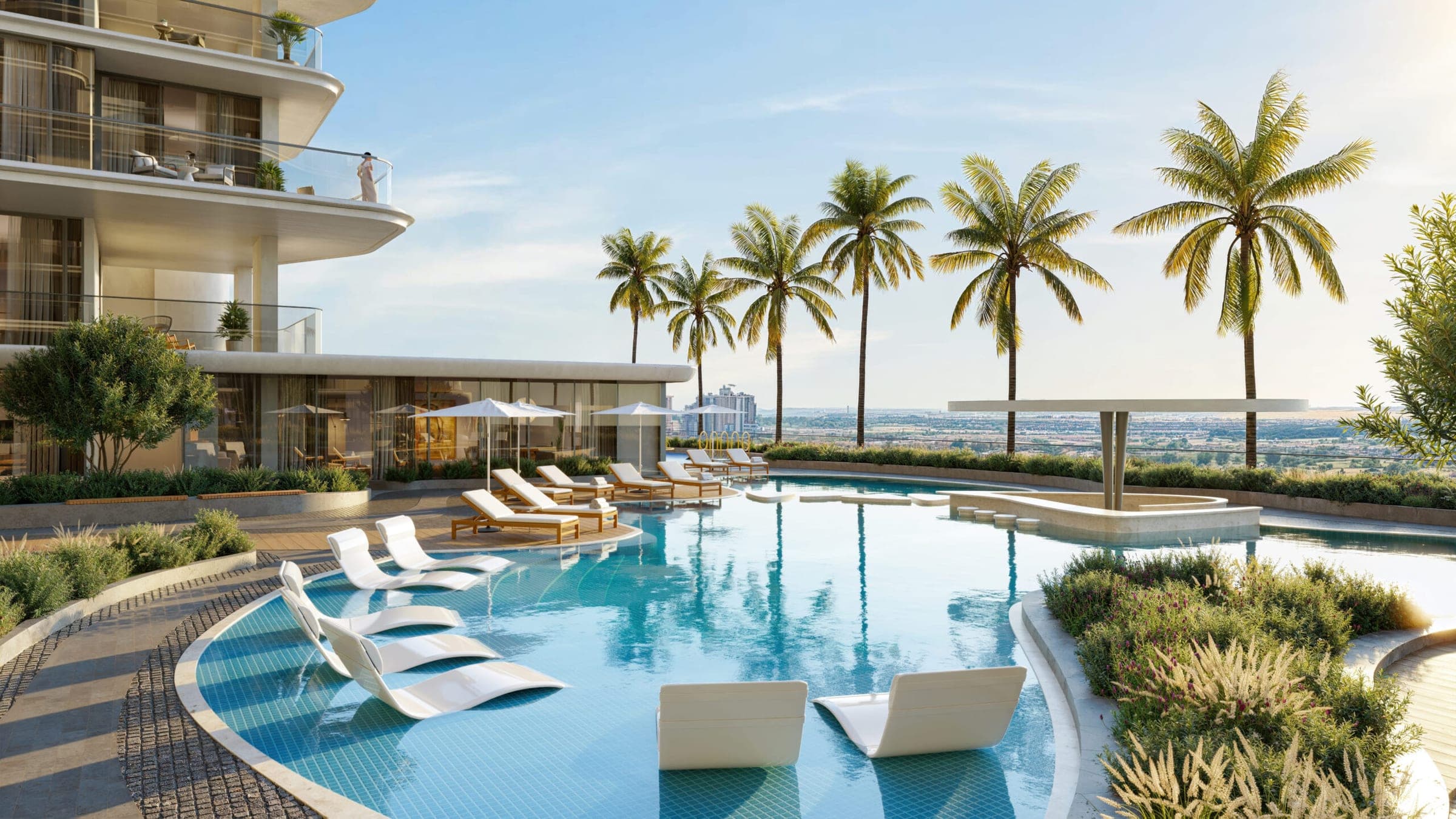 Render of the rooftop swimming pool and sun deck at Beverly Grande, palms along the terrace edge