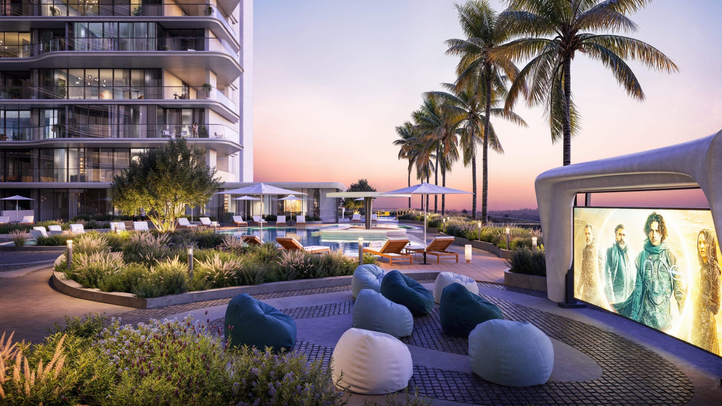 Render of the rooftop outdoor cinema deck at Beverly Grande at dusk, with bean bags facing the screen