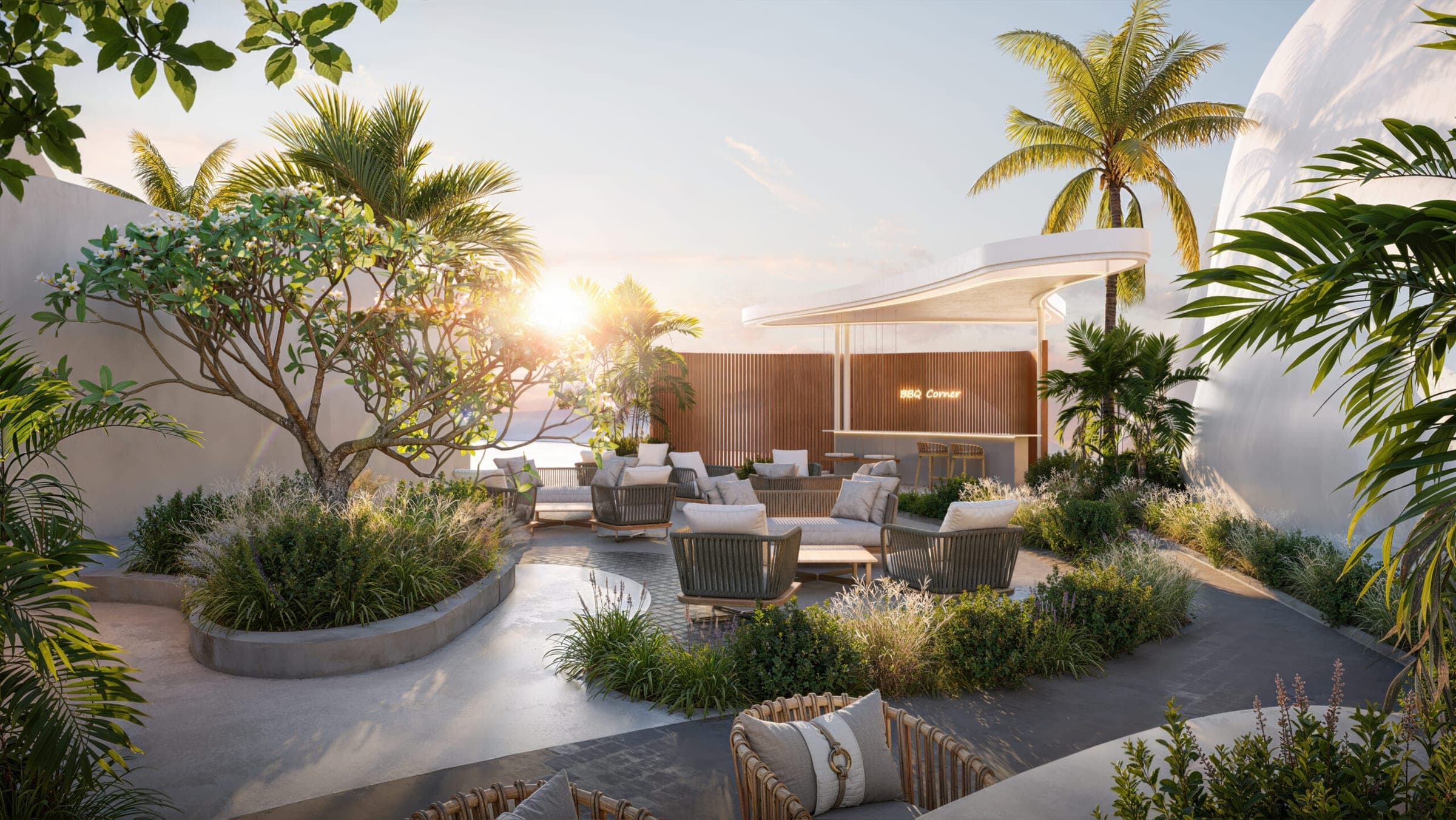 Render of the rooftop terrace at Beverly Grande at sunset, with planted beds and outdoor seating