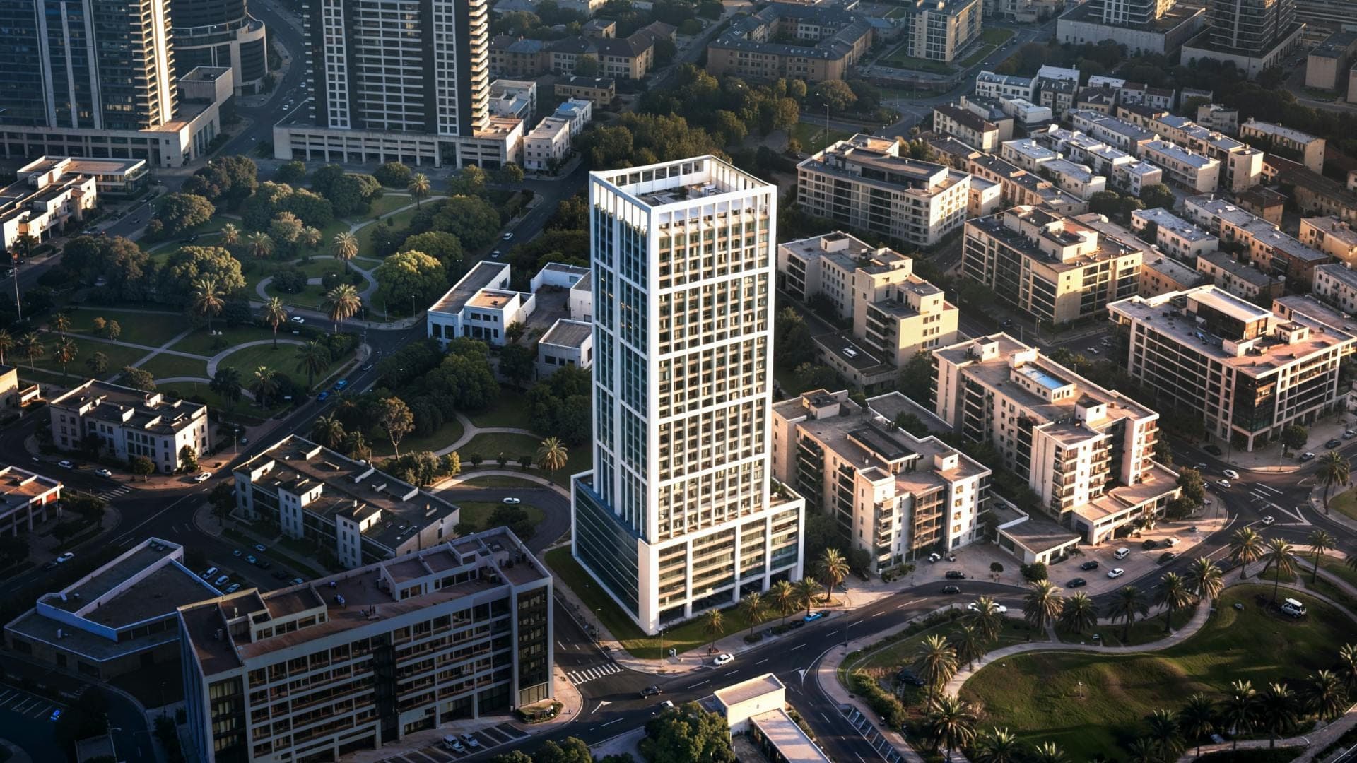 Render of Binghatti Etherea in Jumeirah Village Circle from the air in low evening sun, the white-framed tower standing among mid-rise apartment blocks beside a landscaped park