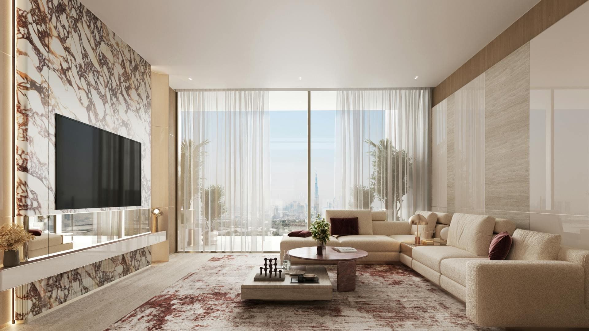 Render of a furnished living room at Binghatti Etherea, with a marble feature wall, a corner sofa and sheer curtains over full-height glazing