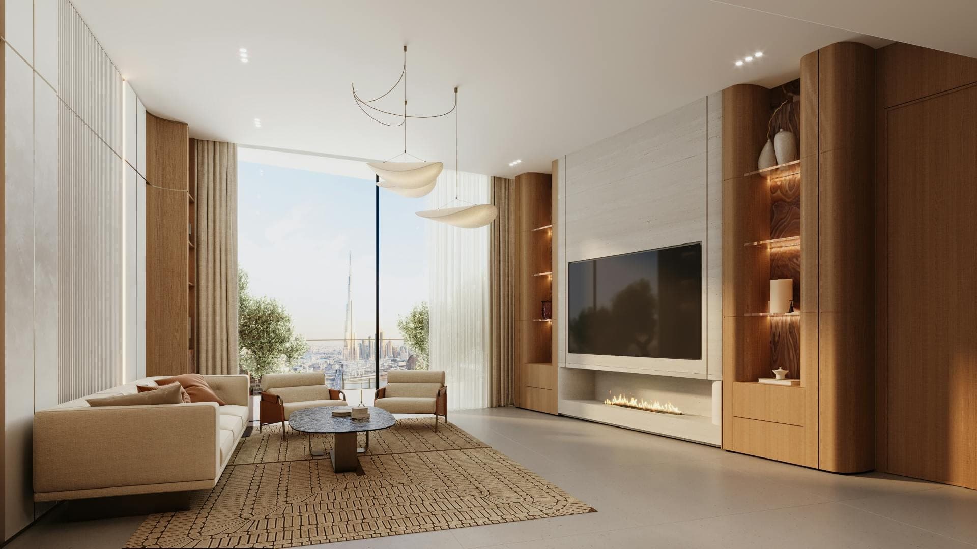Render of a furnished living room at Binghatti Skyflame