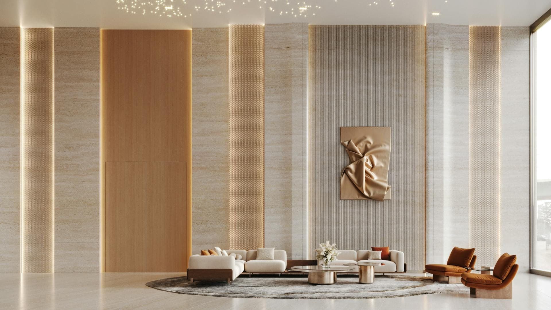 Render of the lobby at Binghatti Skyflame, with a seating area and stone-clad walls