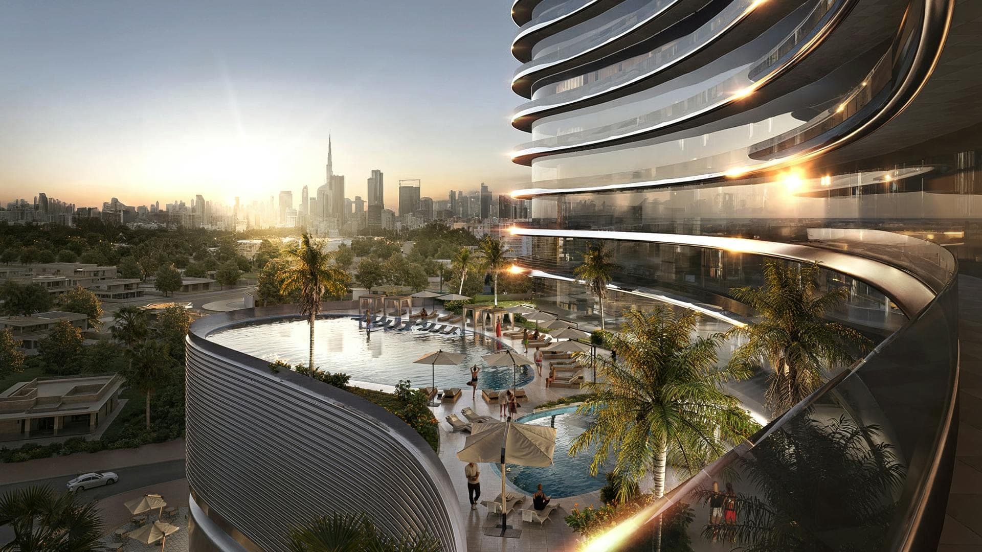 Render of the podium pool deck at Binghatti Skyflame, with the Dubai skyline in the distance
