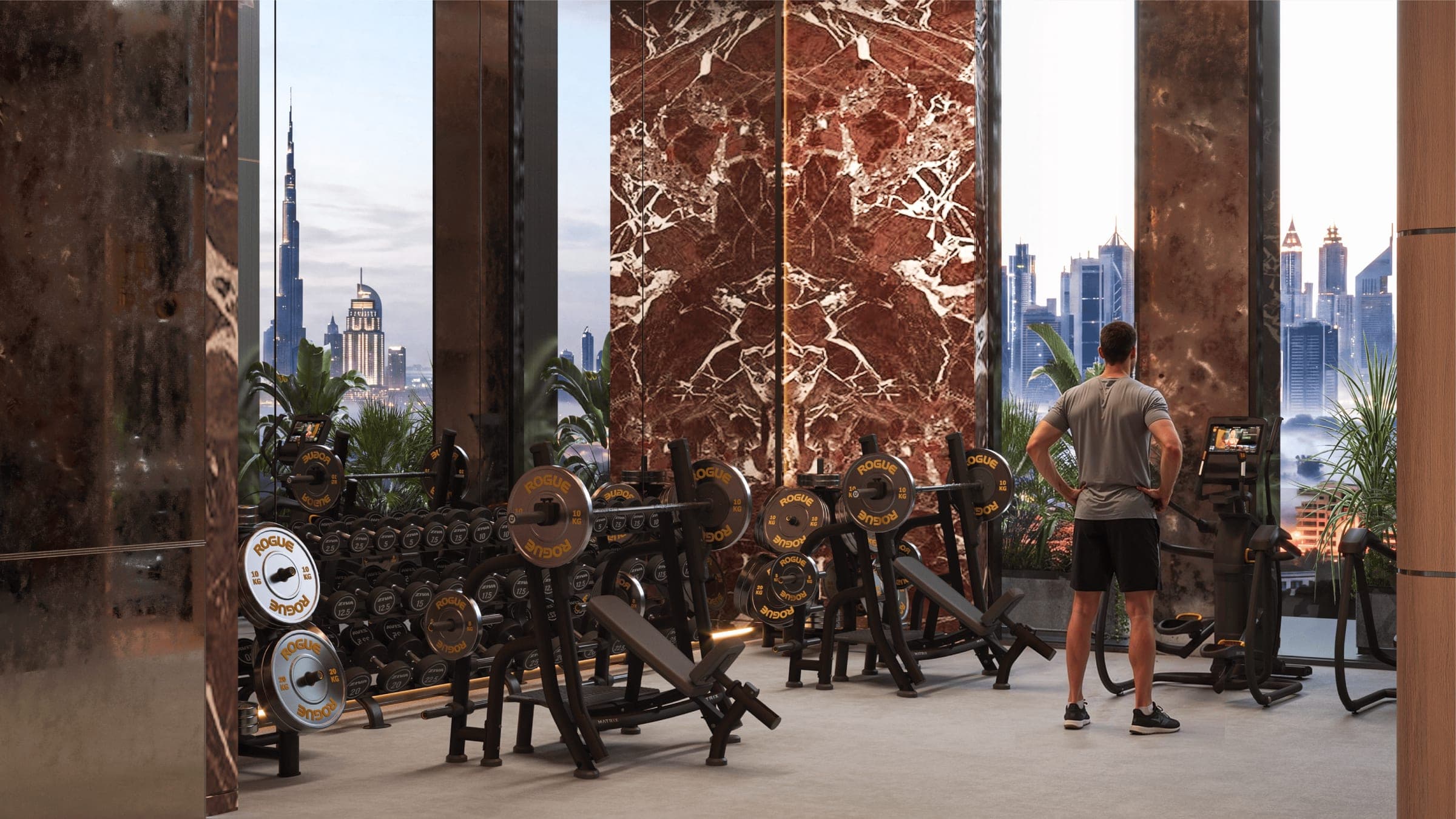 Render of the fitness studio at Binghatti Spectre, with equipment set against floor-to-ceiling windows
