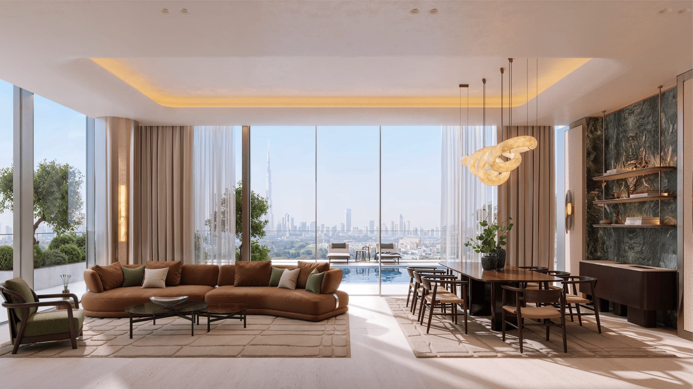Render of a furnished living and dining area at Binghatti Spectre, opening onto a terrace