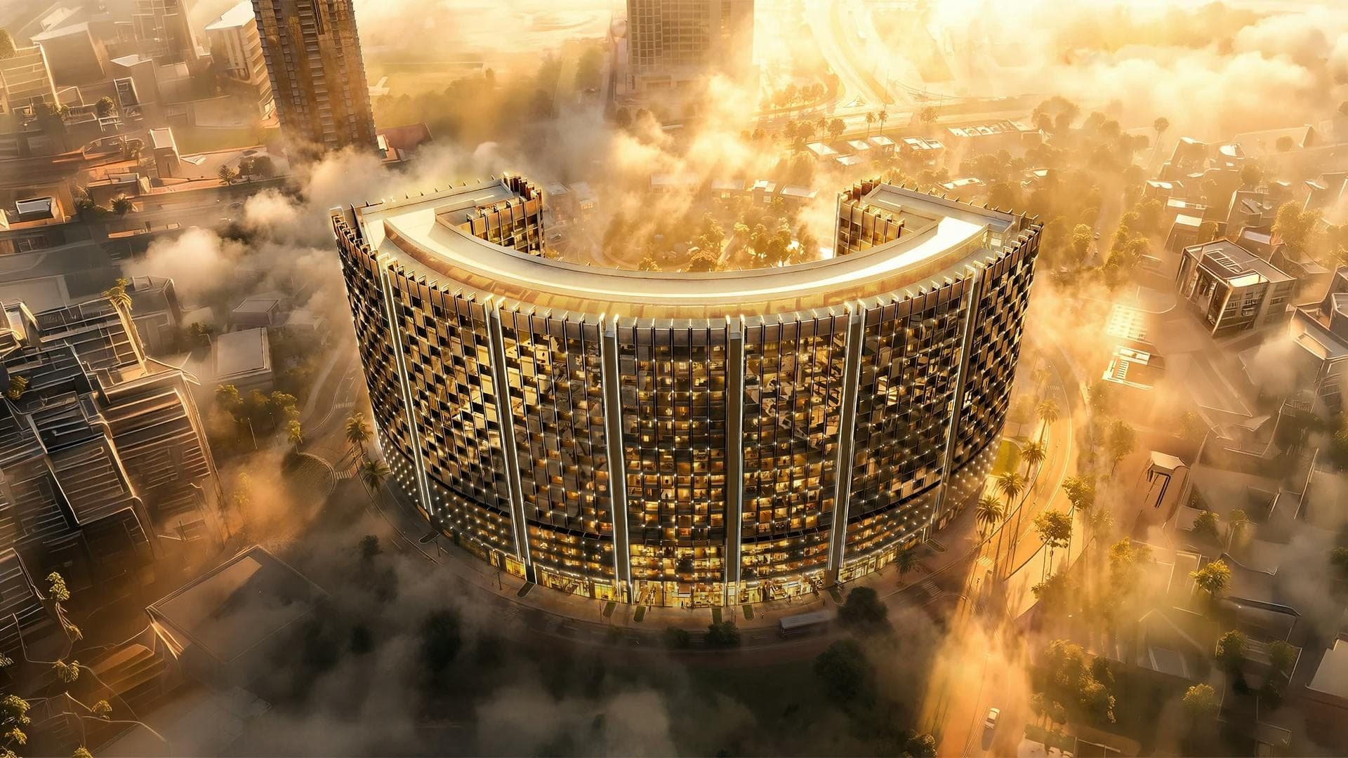 Render of Binghatti Wraith from the air, the curved building seen through low cloud above Dubai