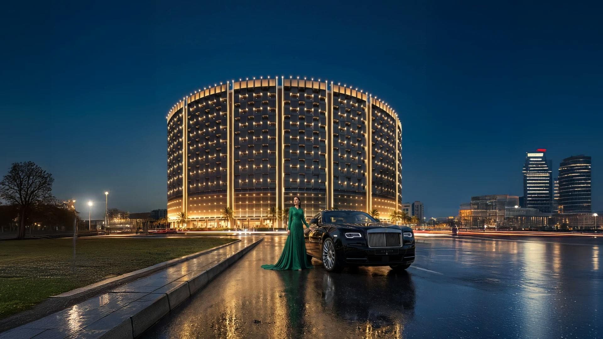 Render of Binghatti Wraith in Al Jaddaf at dusk, showing the curved façade of the tower lit from within