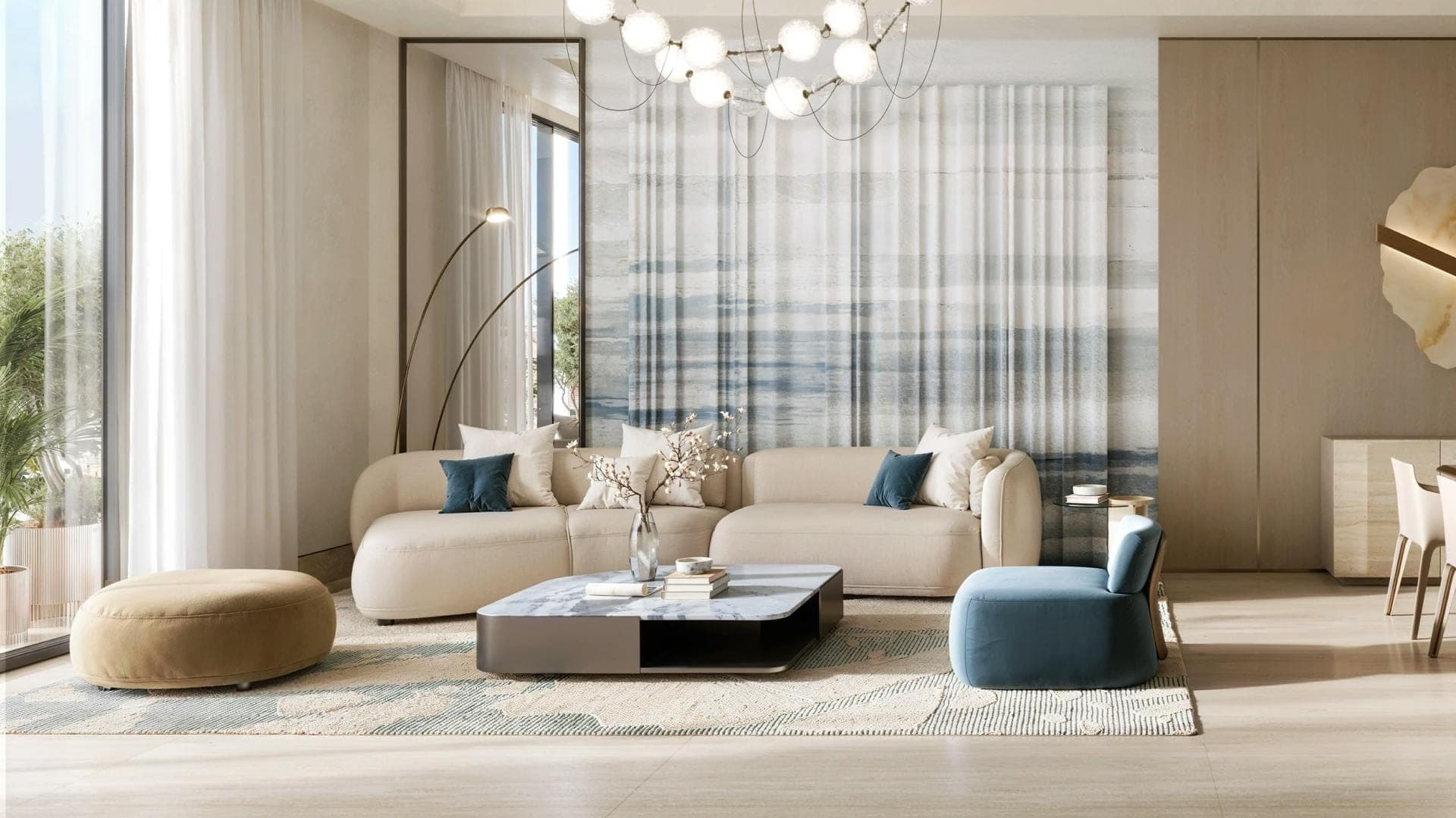 Render of a furnished living room at Binghatti Wraith, with a sofa and floor-to-ceiling glazing