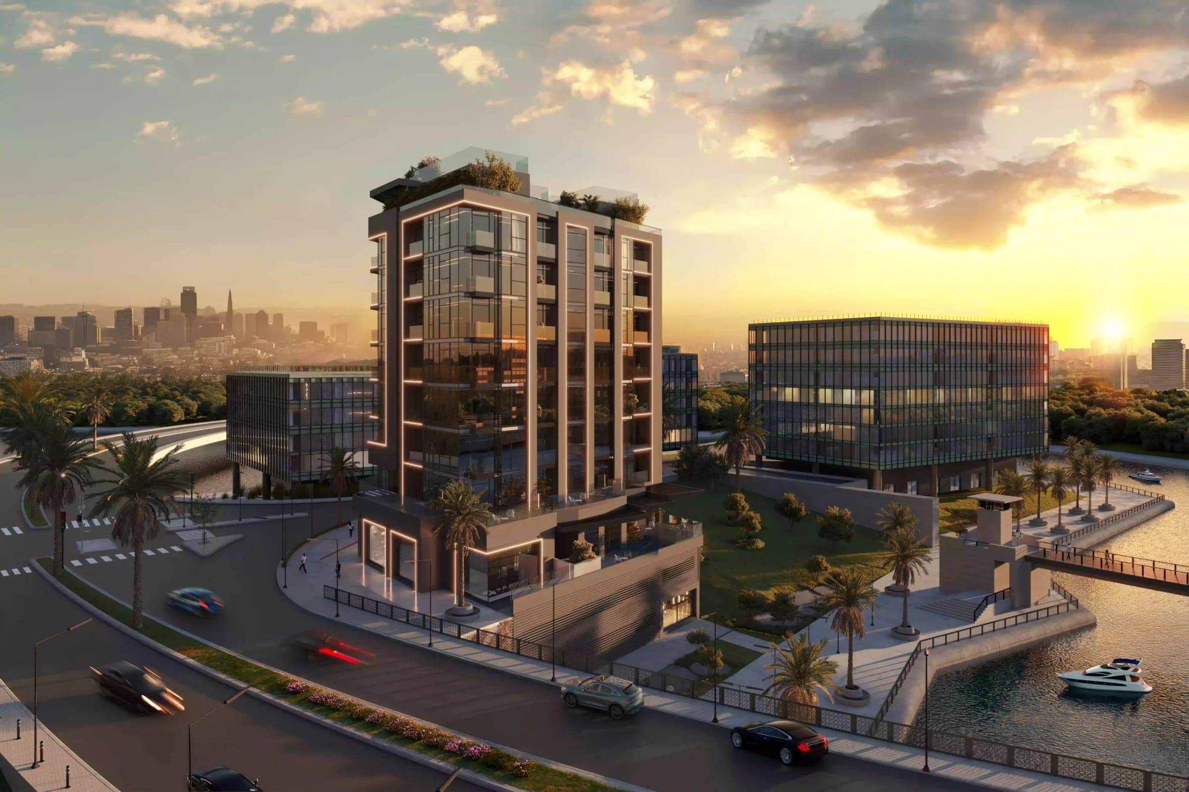 Render of Celeste by HRE Development in Al Jaddaf, an aerial view at sunset with the creek waterfront in the foreground