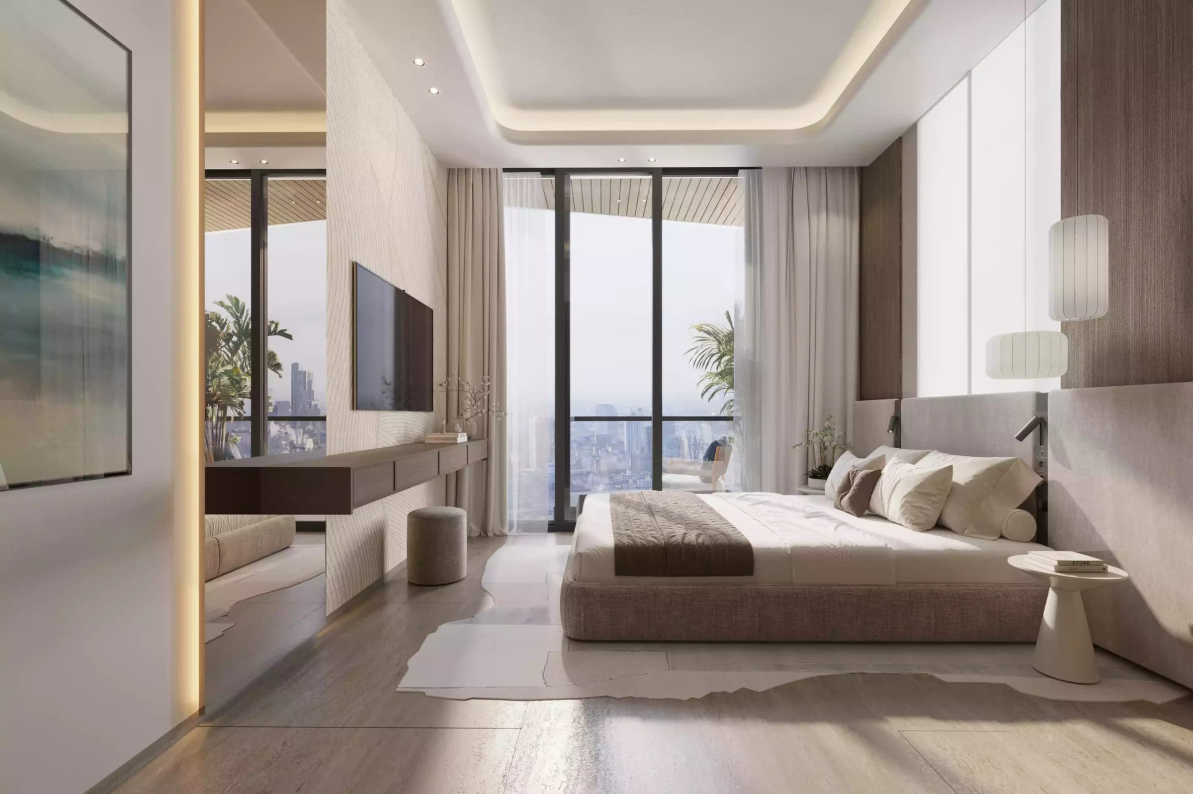 Render of a furnished bedroom with floor-to-ceiling glazing in an apartment at Celeste by HRE Development