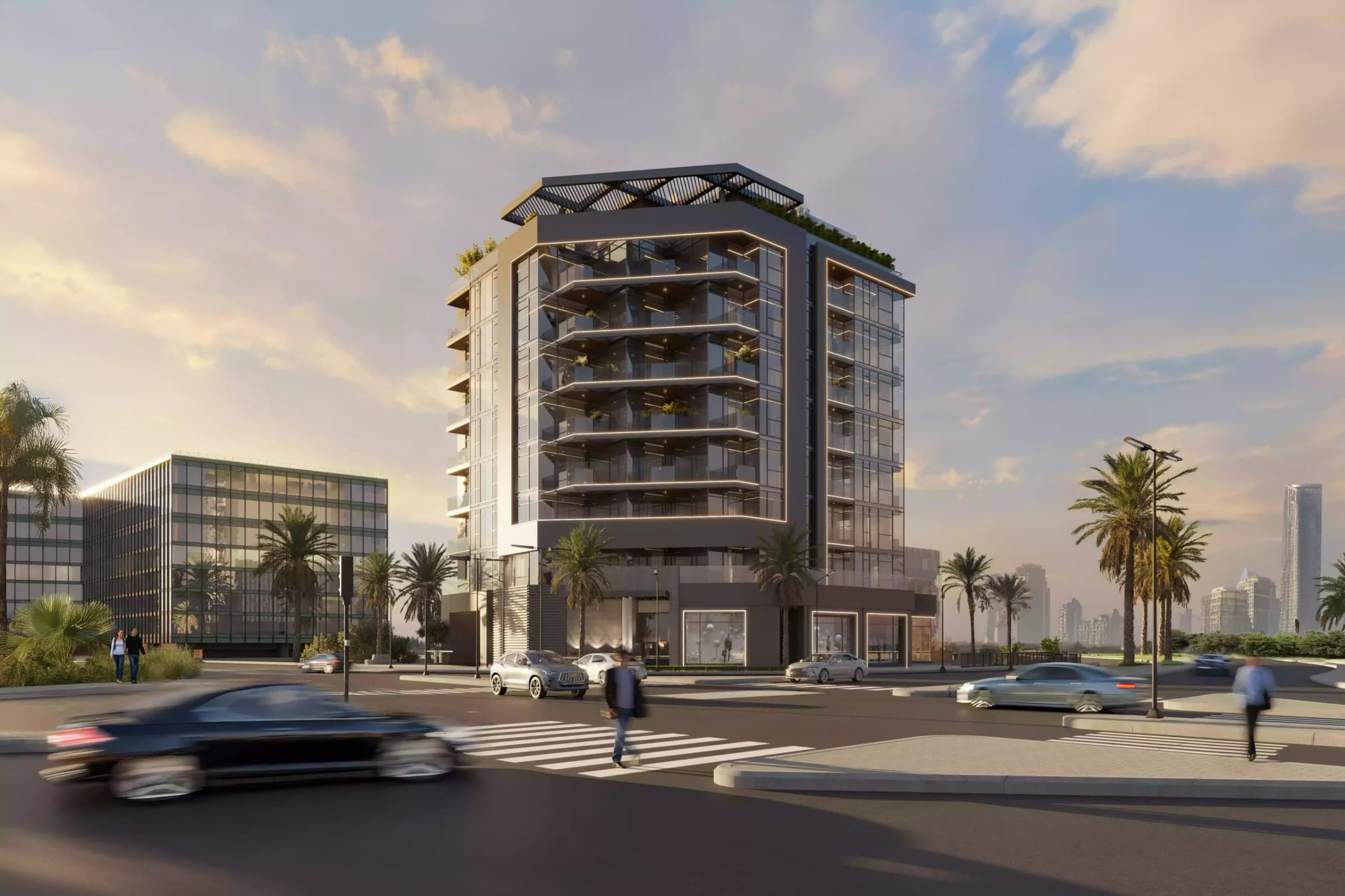 Render of Celeste by HRE Development in Al Jaddaf, seen from the street corner in daylight