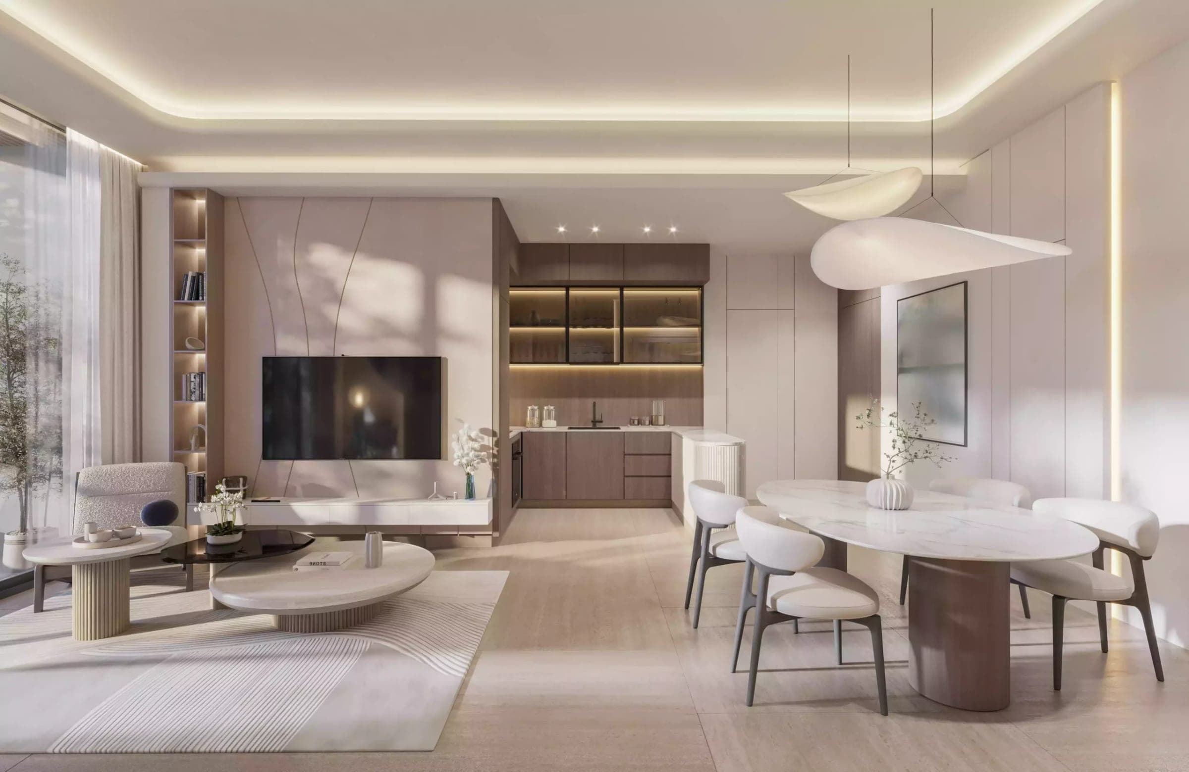 Render of an open-plan living, dining and kitchen area in an apartment at Celeste by HRE Development