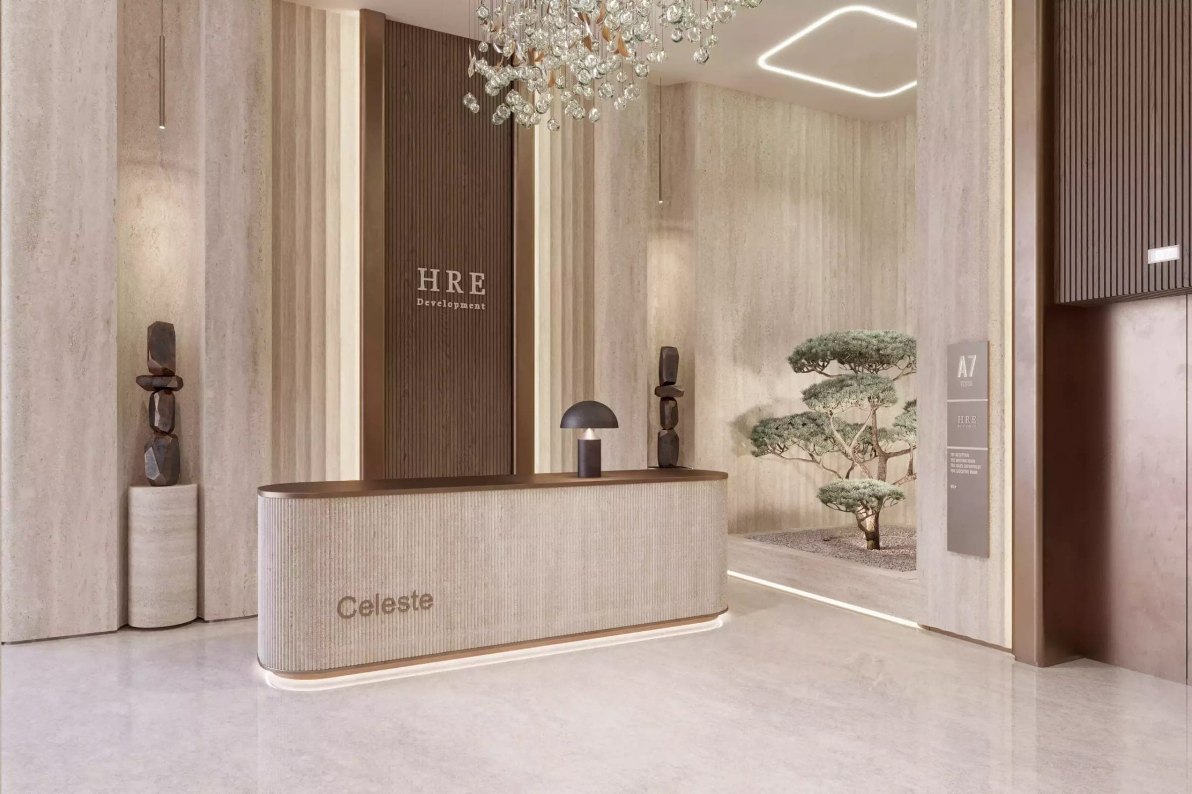 Render of the arrival lobby at Celeste by HRE Development, with a stone reception desk beneath the Celeste and HRE wall signage