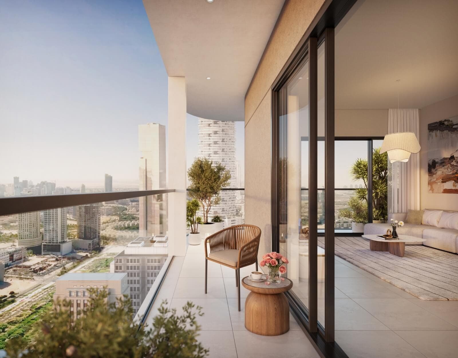 Render of an apartment balcony and living room at Cello in Jumeirah Village Circle, looking out over surrounding towers