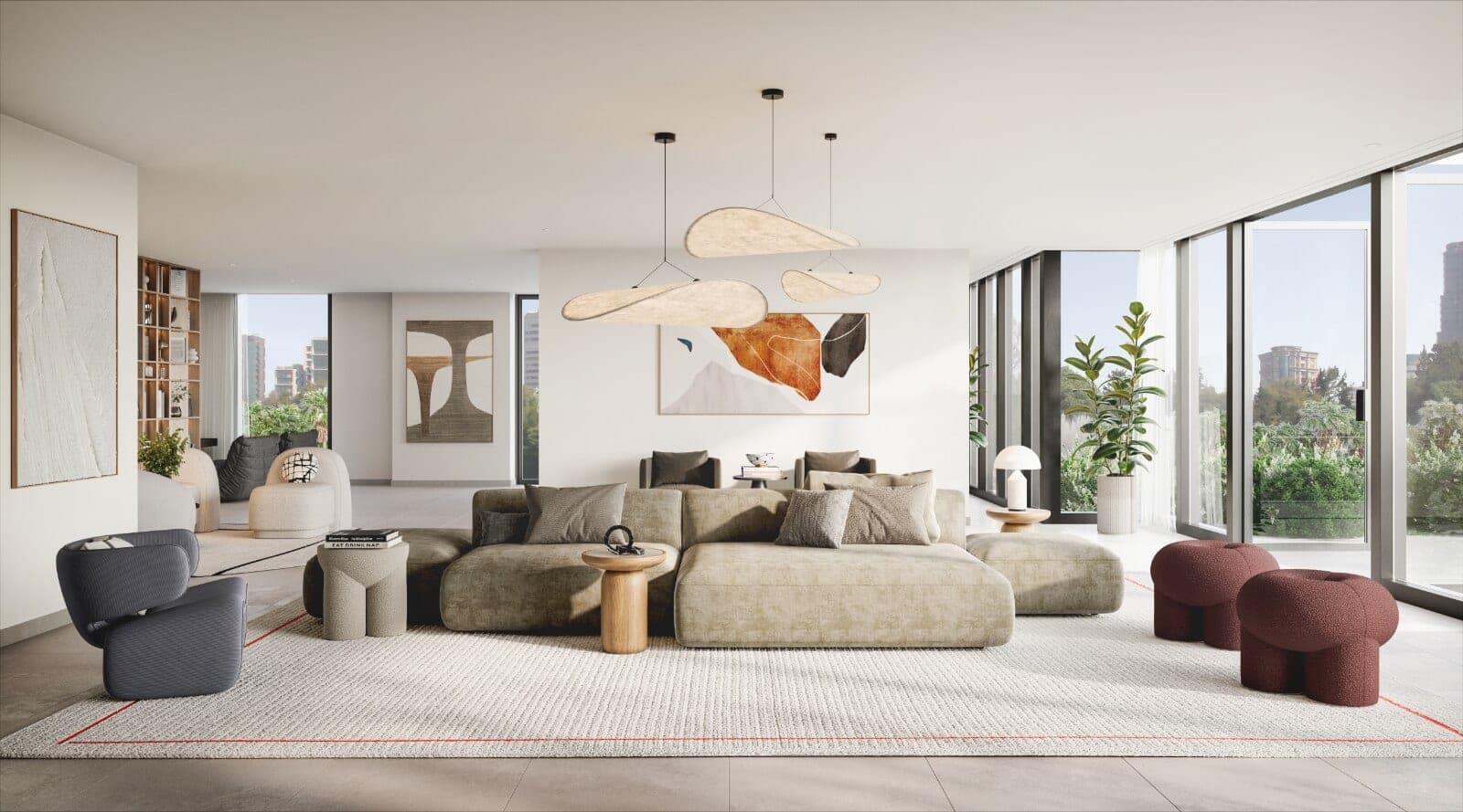 Render of a lounge at Cello in Jumeirah Village Circle, with low sofas, sculptural pendant lights and glazing onto planting