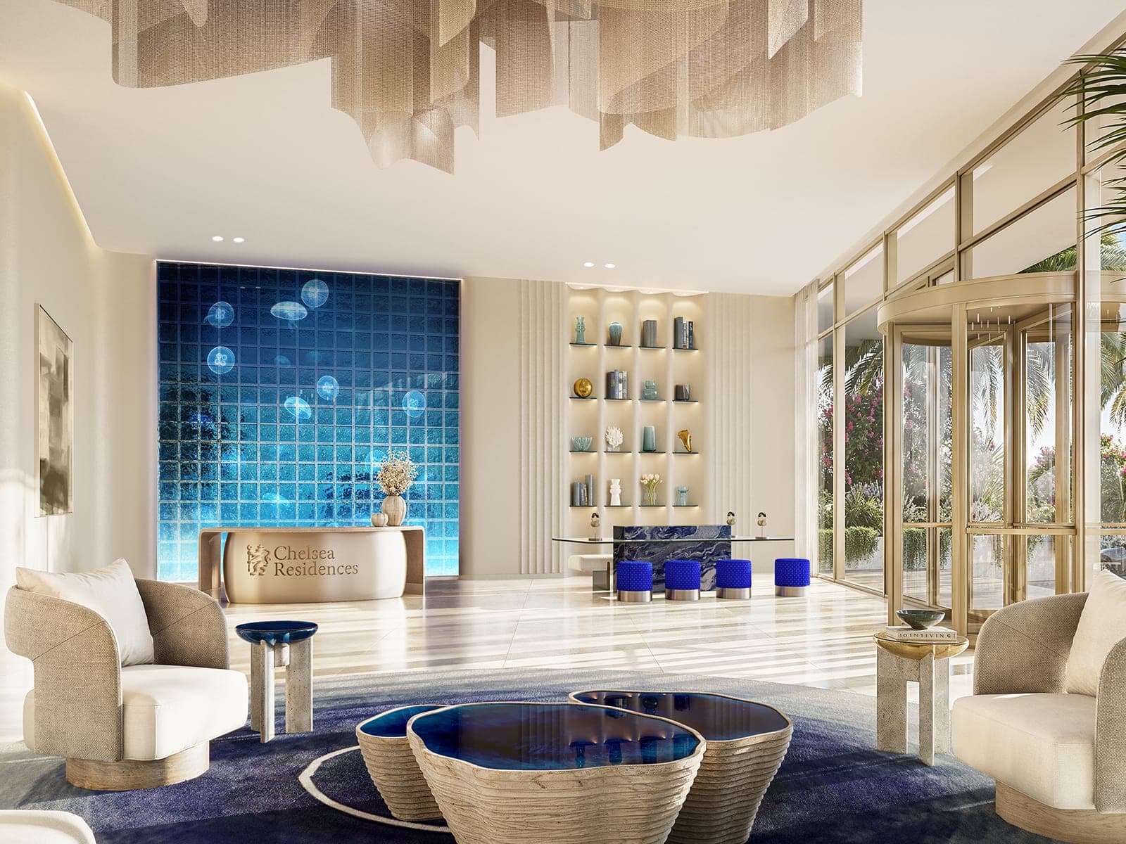 Render of the arrival lobby at Chelsea Residences by DAMAC, with a reception desk, a blue backlit feature wall and a sculptural ceiling