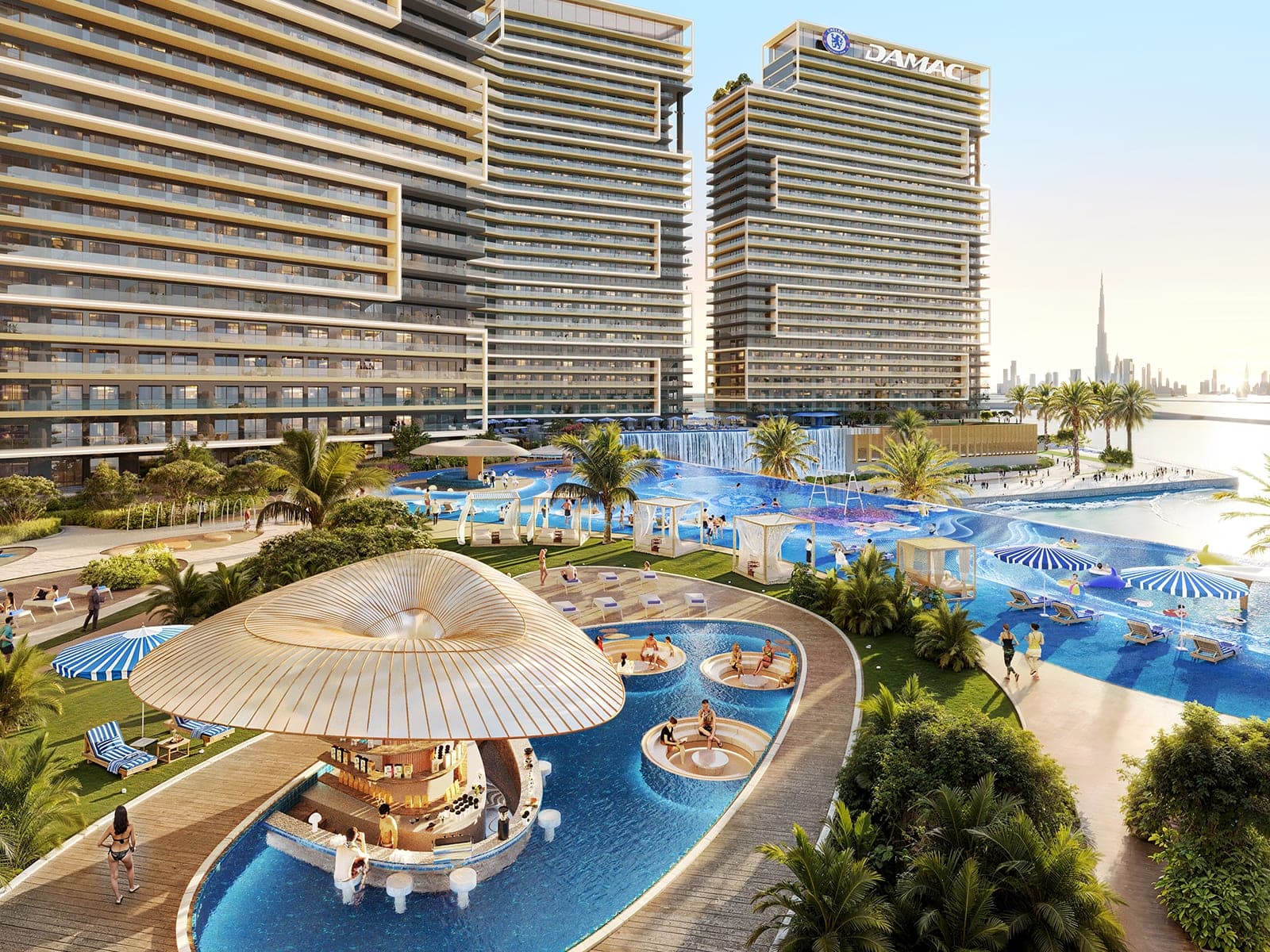 Render of the resort pool deck at Chelsea Residences by DAMAC, with a shaded circular pavilion, sun loungers and the buildings behind