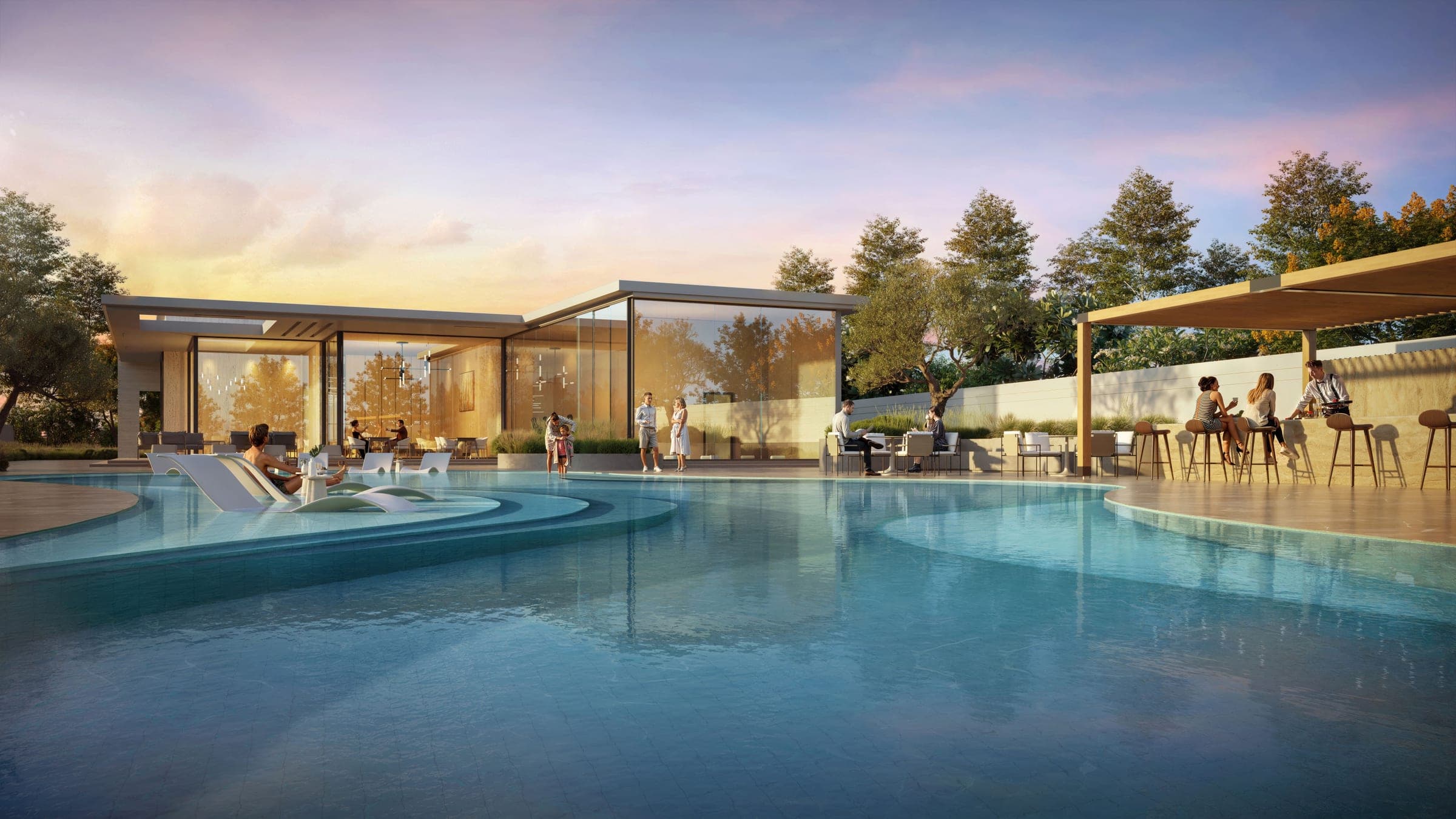 Render of the community clubhouse pool shown for D-Villas at Jumeirah Golf Estates at sunset, with a glass pavilion and a shaded bar