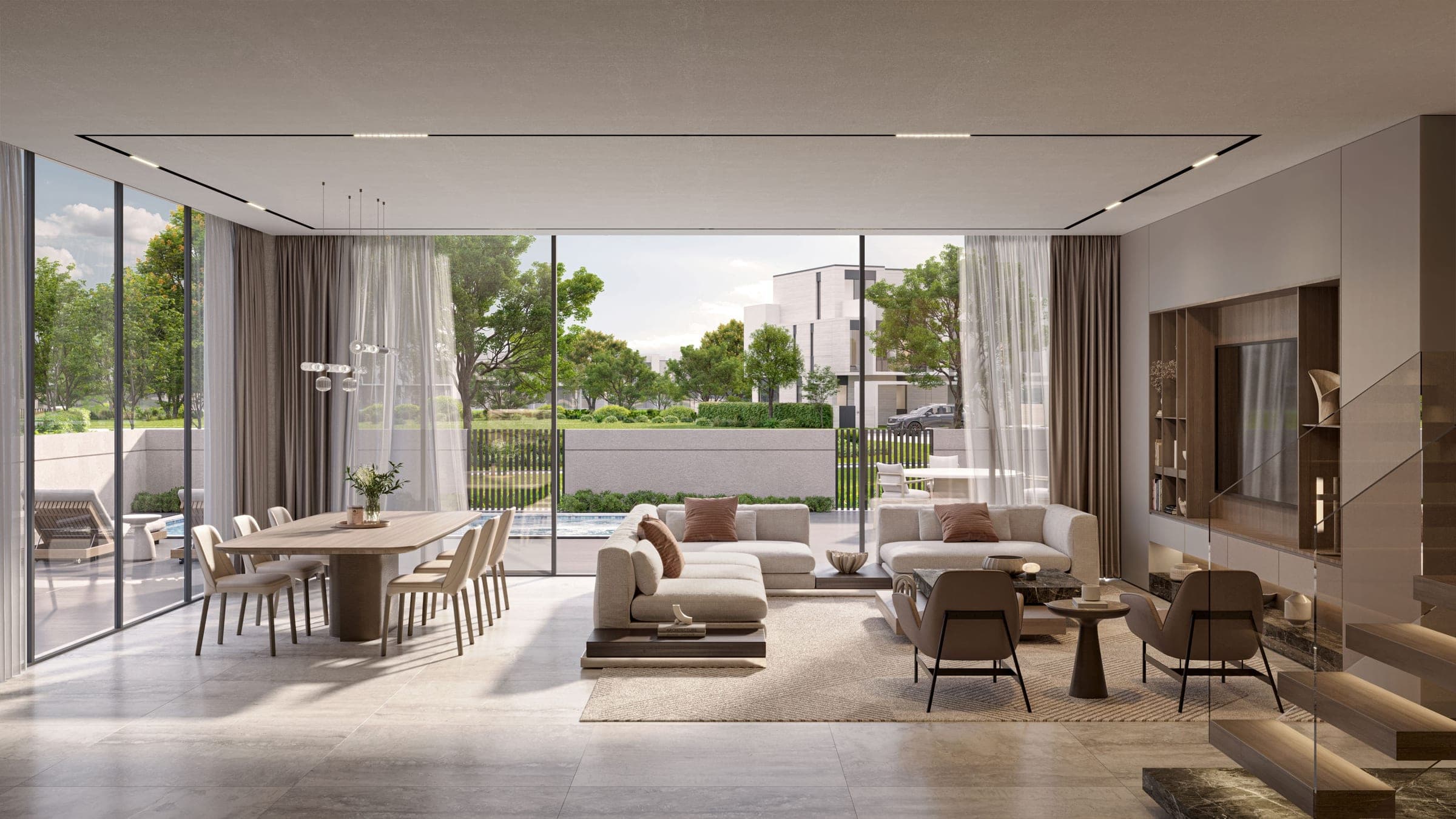 Render of a living and dining room in a D-Villas home at Jumeirah Golf Estates, with full-height glazing onto the garden and pool