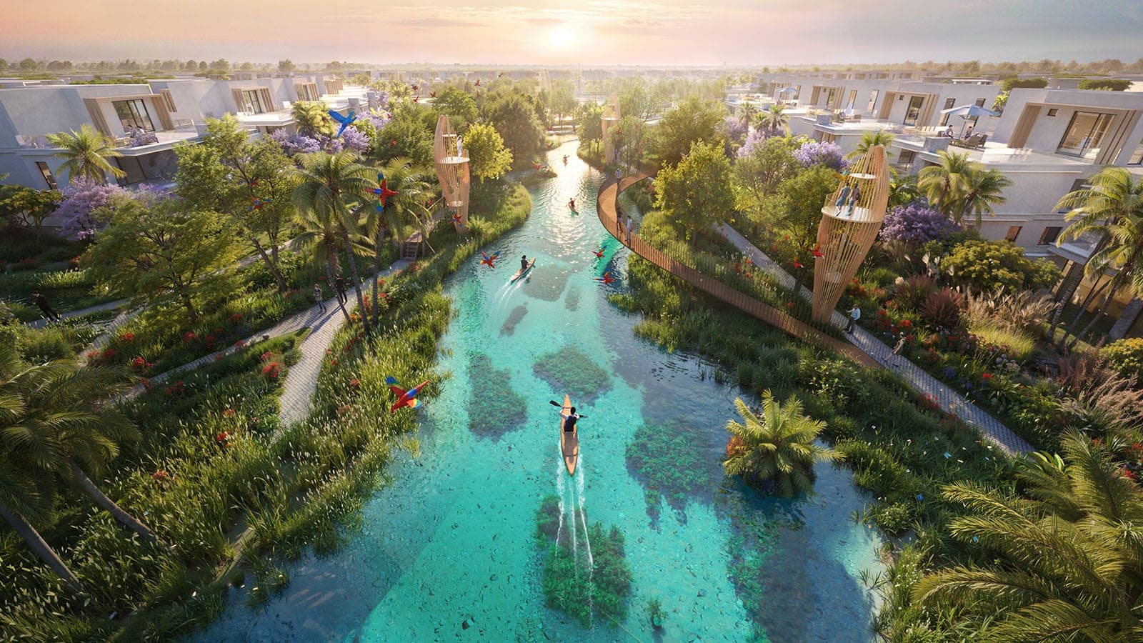 Render of DAMAC Islands 2 seen from the air at sunset, with a swimmable lagoon channel running between rows of villas and townhouses