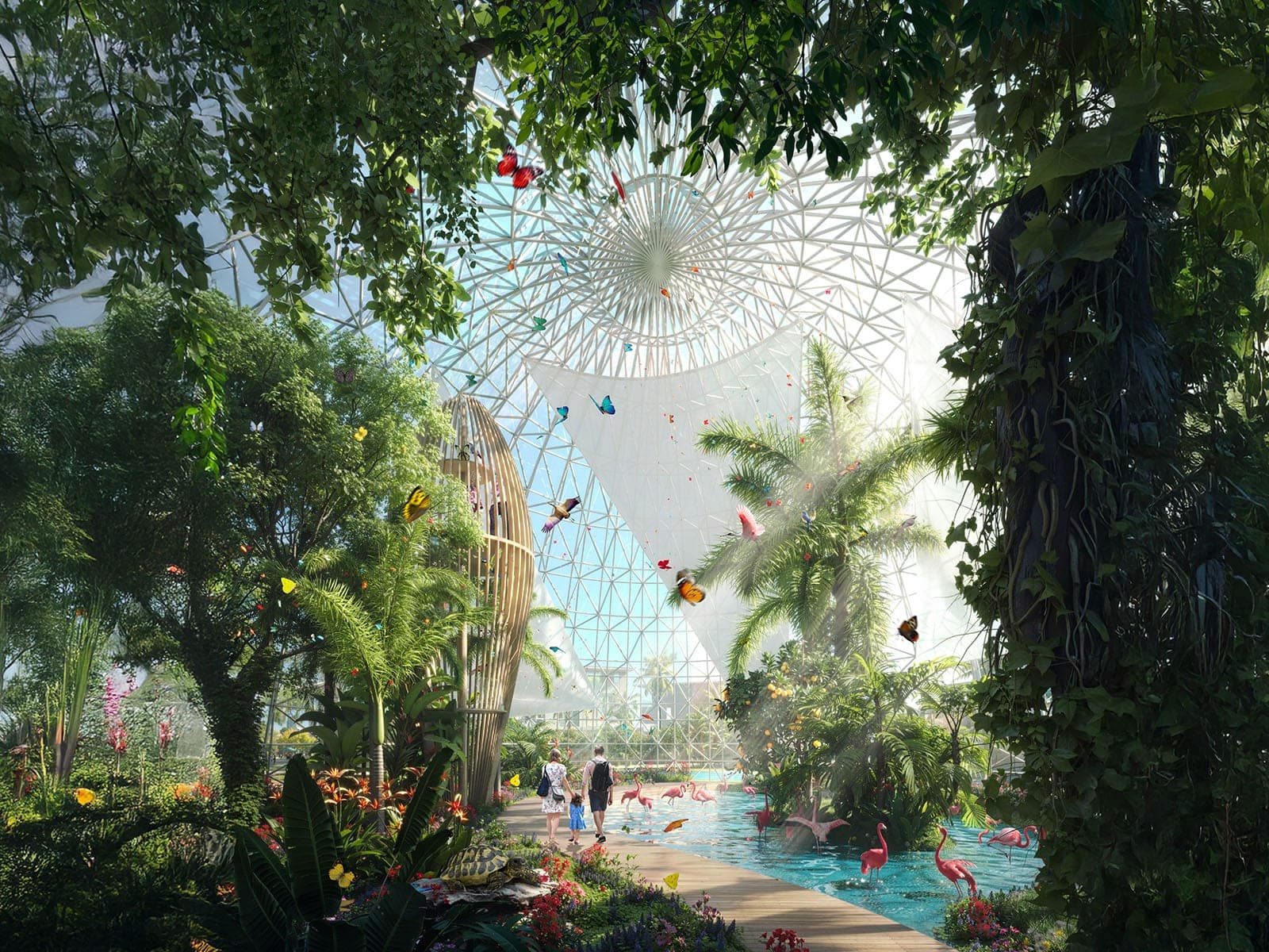Render of the Botanic Garden at DAMAC Islands 2, a glazed dome set among dense tropical planting