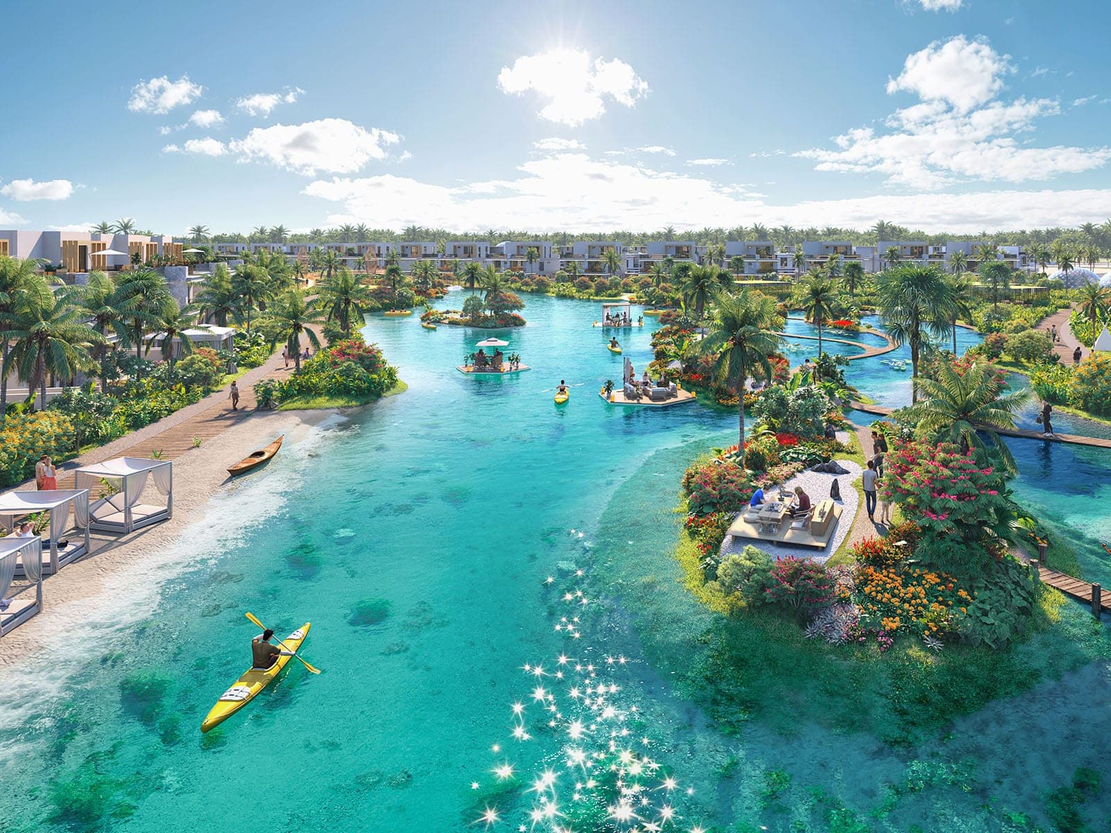 Render of the turquoise swimmable lagoon at DAMAC Islands 2, with kayakers, planted islets and the surrounding homes