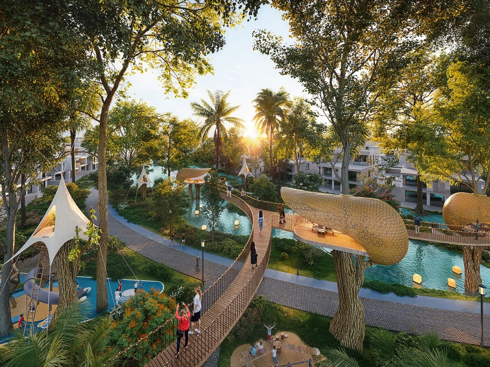 Render of the Sky Woods Adventure canopy walk at DAMAC Islands 2, a raised timber walkway threading through palms above the lagoon