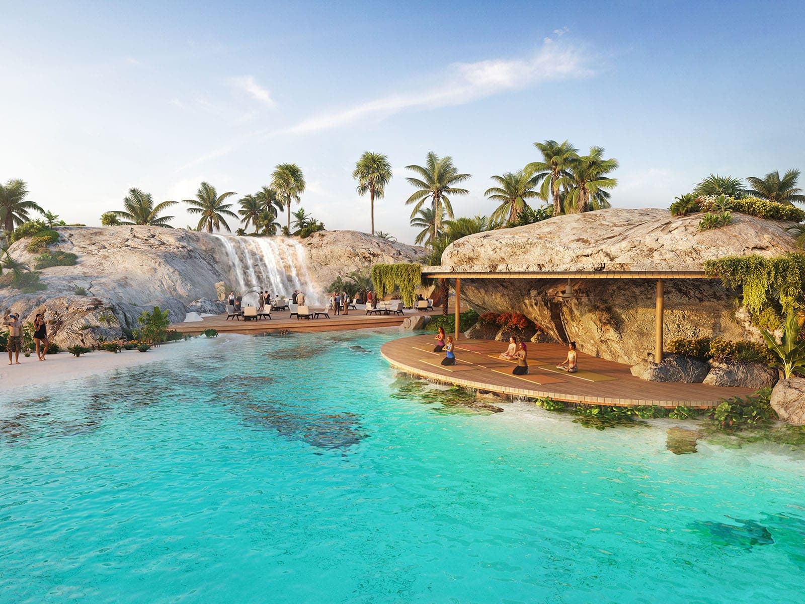 Render of the Whispering Waterfall at DAMAC Islands 2, where water falls over a rock outcrop into the lagoon beside a shaded dining pavilion