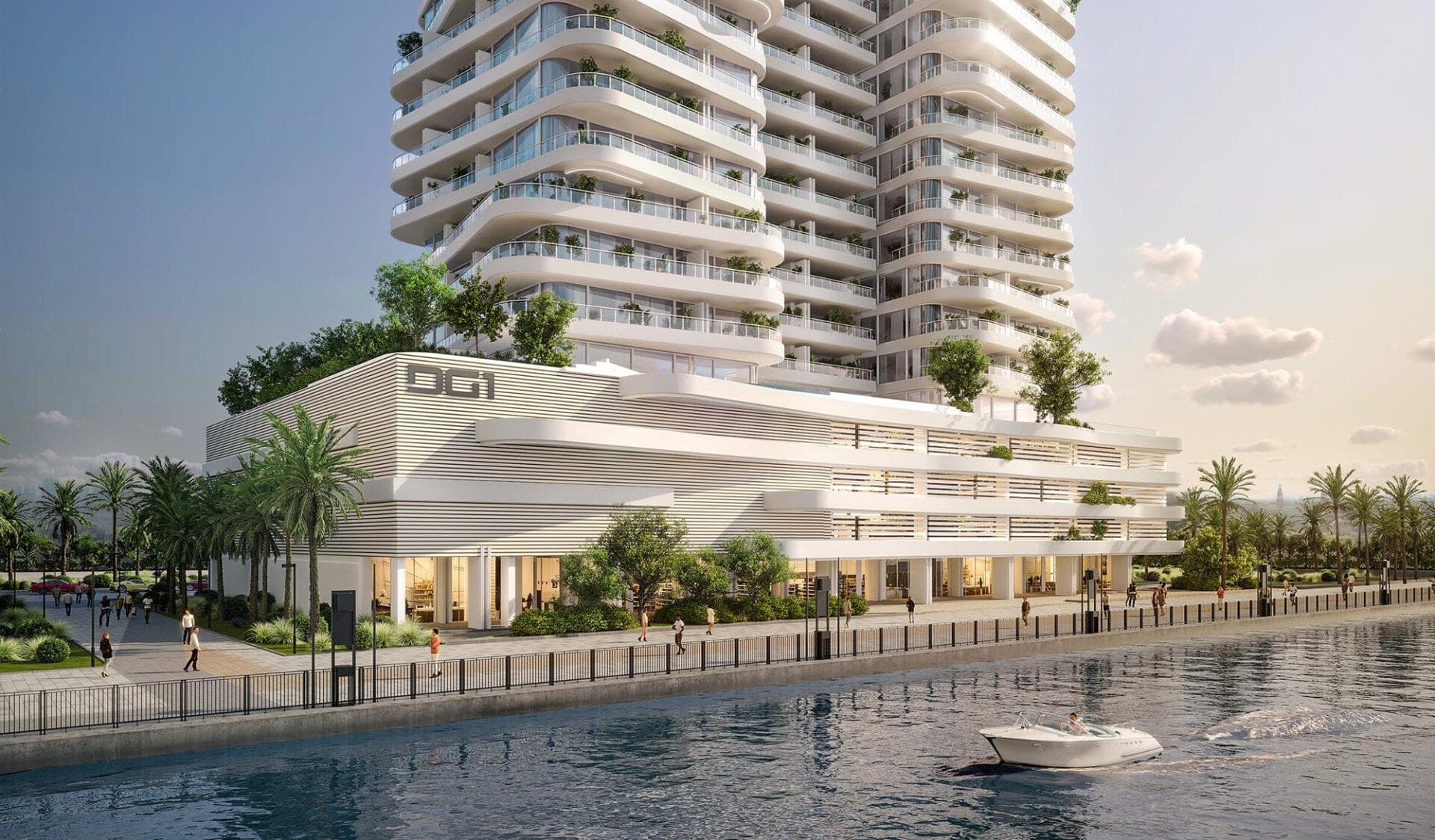 Render of the DG1 podium beside the Business Bay canal, with a promenade, planting and the tower's curved balconies above