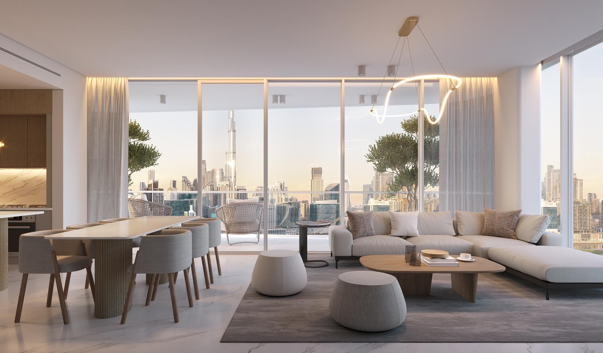 Render of a living and dining room at DG1, with floor-to-ceiling windows looking out over Business Bay towards the Downtown Dubai skyline