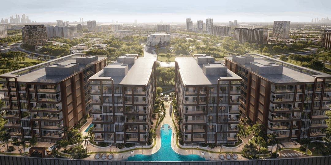 Render of Enchanté by GRID in Arjan from above: mid-rise blocks set around a landscaped lagoon pool